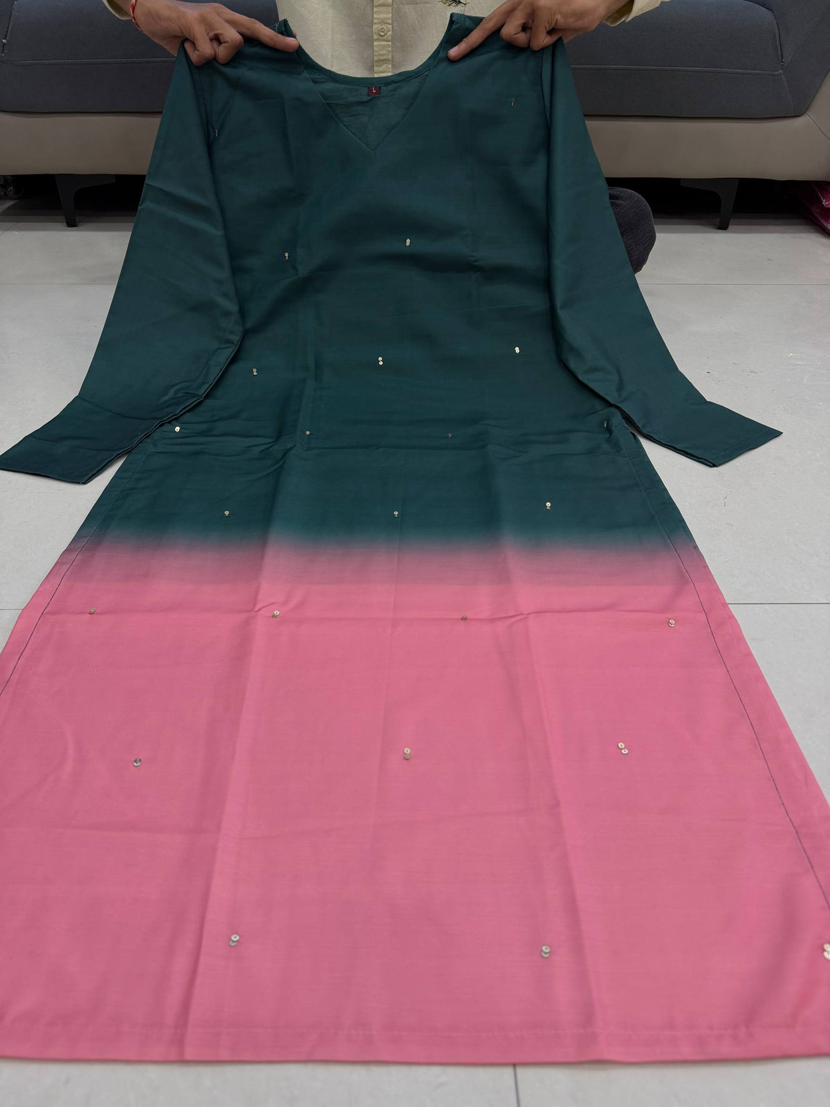 Elegant Ombre Sequin Work Full Sleeve Long Kurti | Only Kurti | Muslin Silqura Fabric