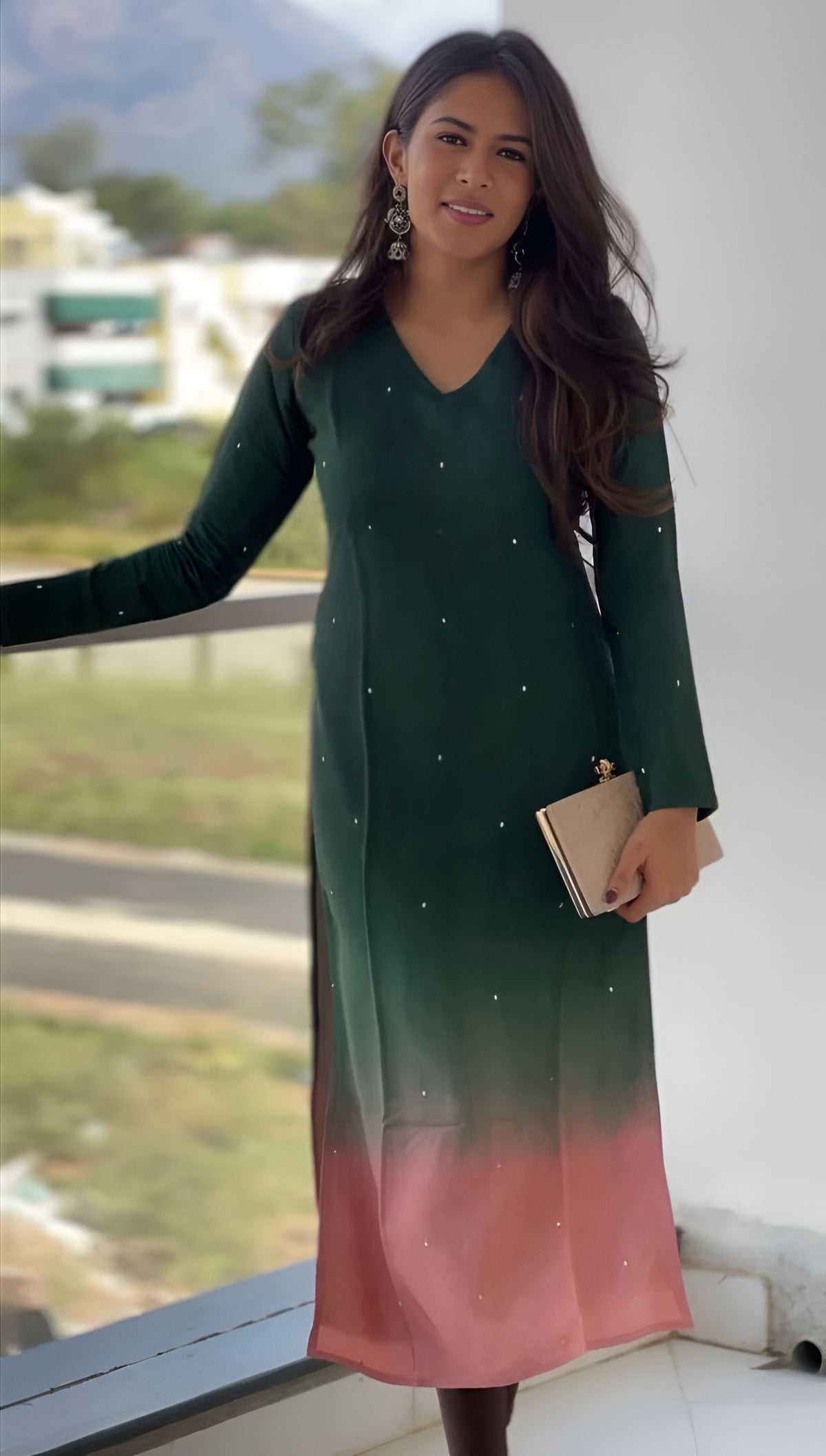 Elegant Ombre Sequin Work Full Sleeve Long Kurti | Only Kurti | Muslin Silqura Fabric