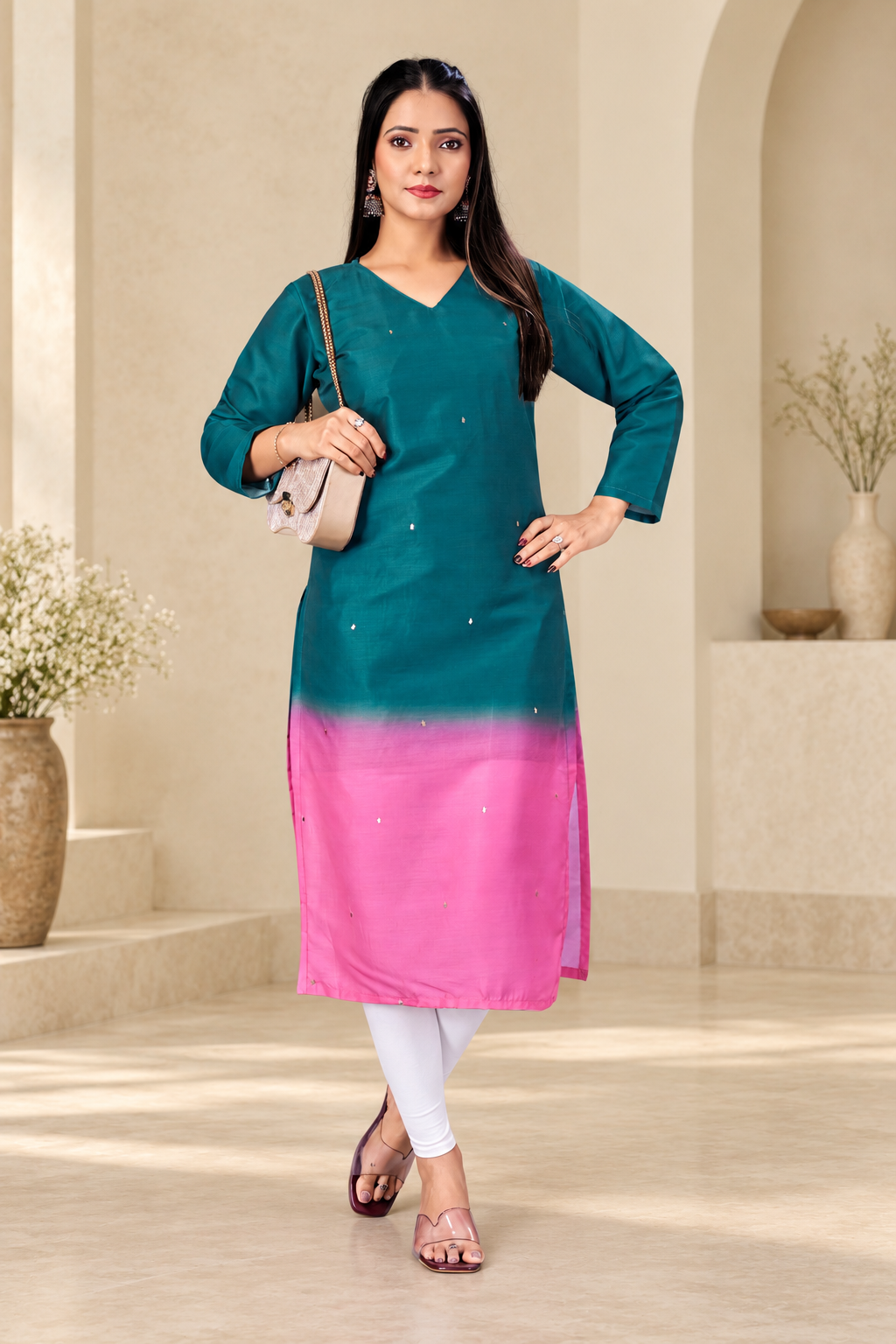 Elegant Ombre Sequin Work Full Sleeve Long Kurti | Only Kurti | Muslin Silqura Fabric