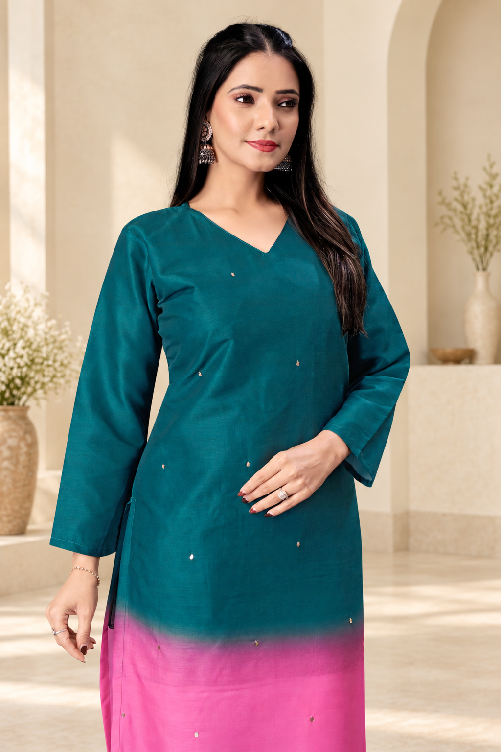Elegant Ombre Sequin Work Full Sleeve Long Kurti | Only Kurti | Muslin Silqura Fabric