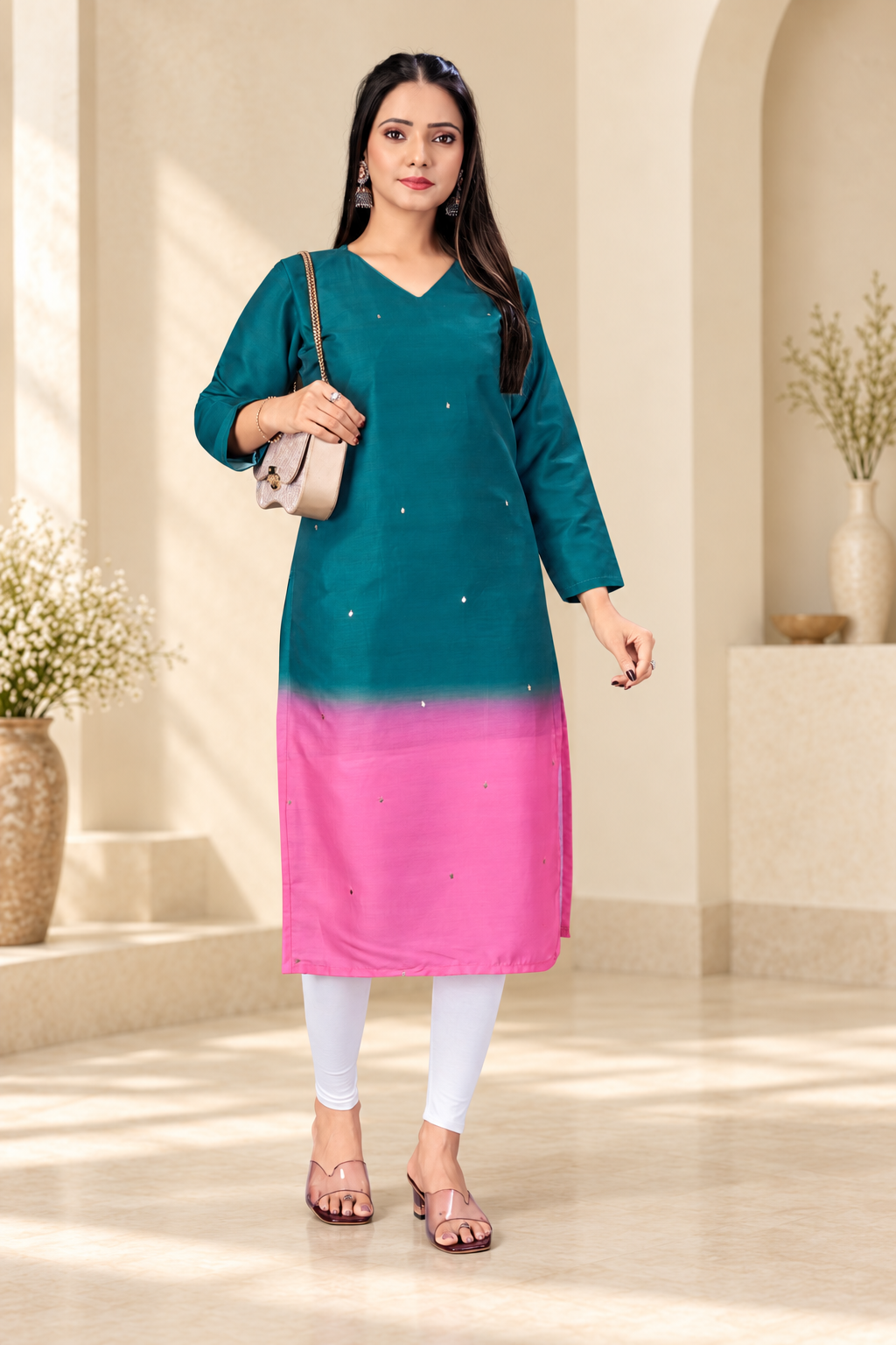 Elegant Ombre Sequin Work Full Sleeve Long Kurti | Only Kurti | Muslin Silqura Fabric