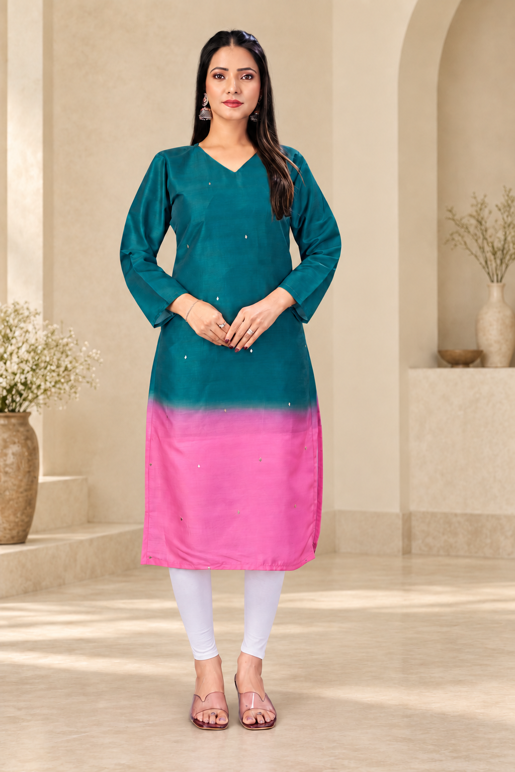 Elegant Ombre Sequin Work Full Sleeve Long Kurti | Only Kurti | Muslin Silqura Fabric