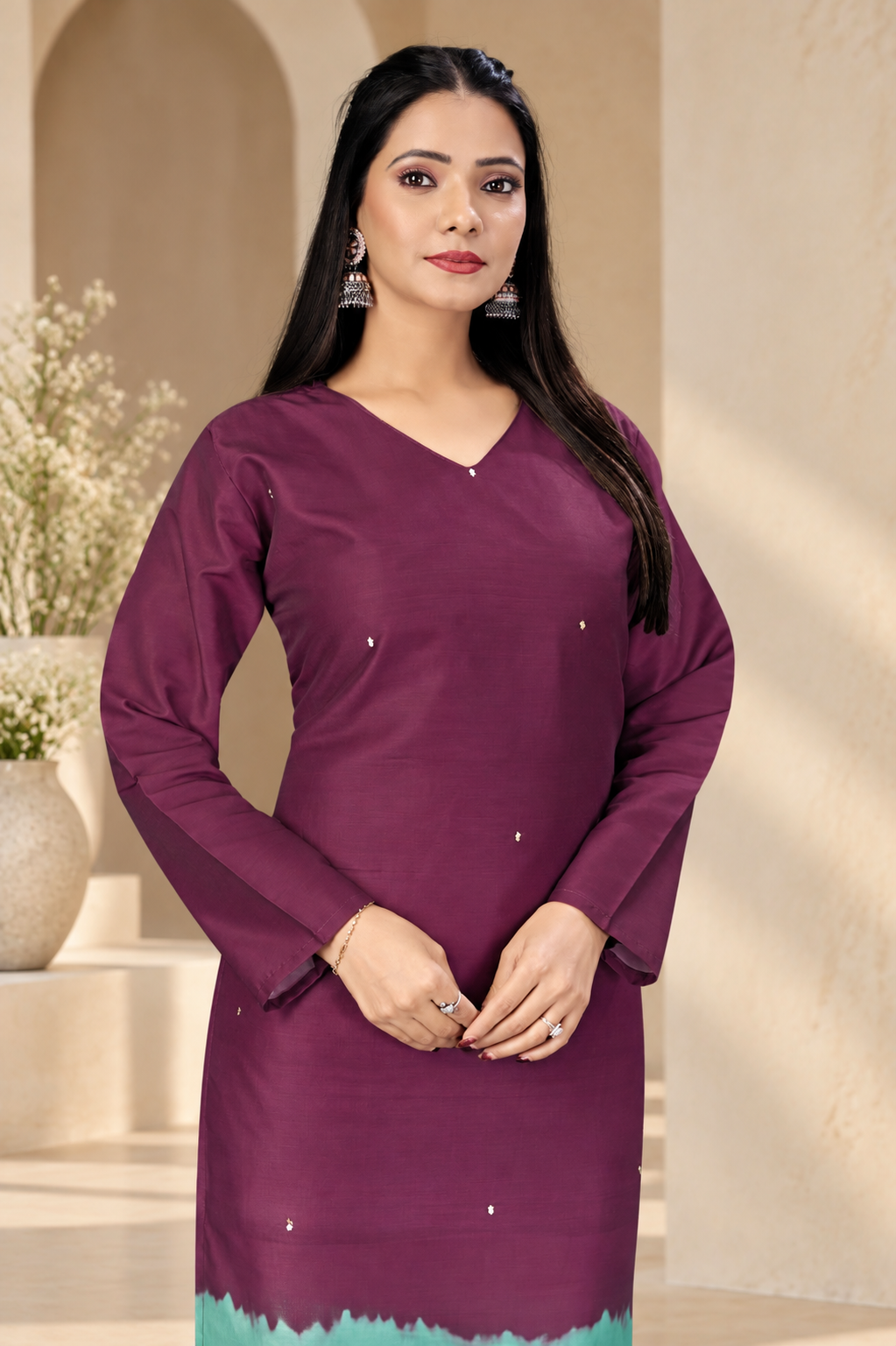 Elegant Ombre Sequin Work Full Sleeve Long Kurti | Only Kurti | Muslin Silqura Fabric