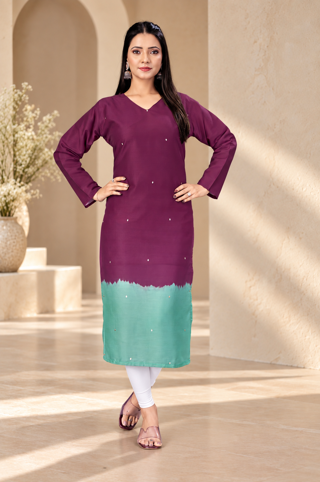 Elegant Ombre Sequin Work Full Sleeve Long Kurti | Only Kurti | Muslin Silqura Fabric