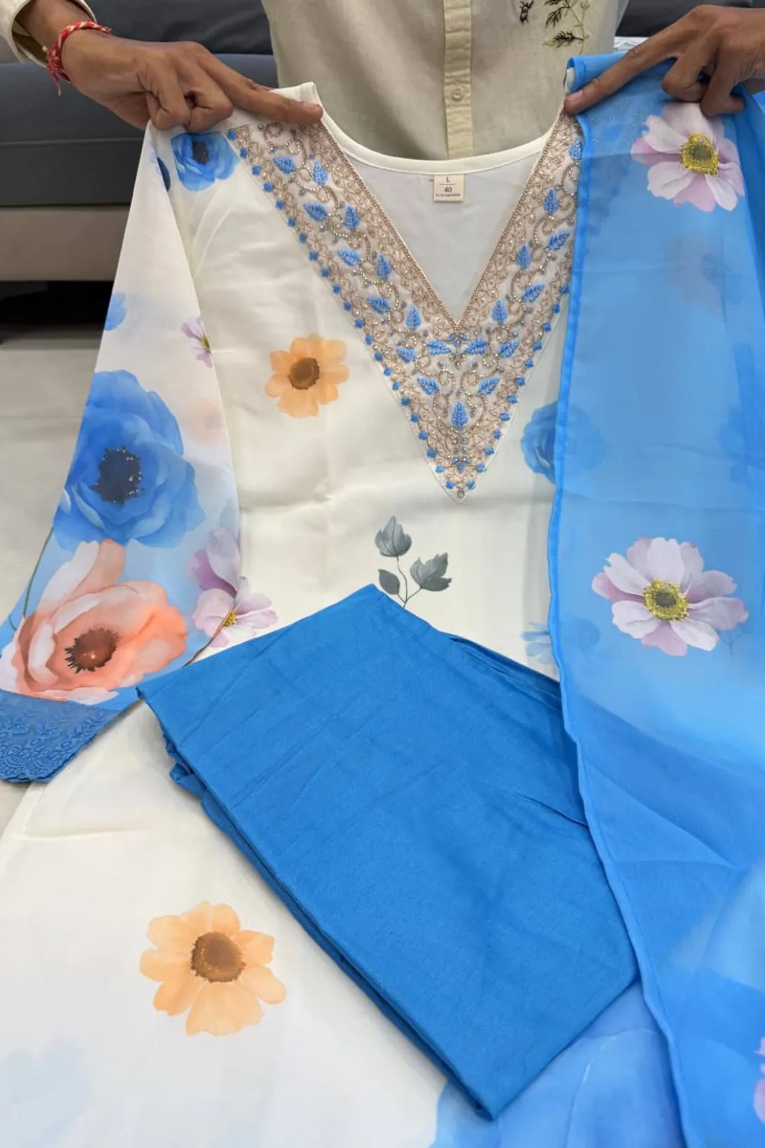 Sharda Ethnic Flora Azure – Premium Soft Chiffon Floral Suit Set With Handwork Embroidered Neck