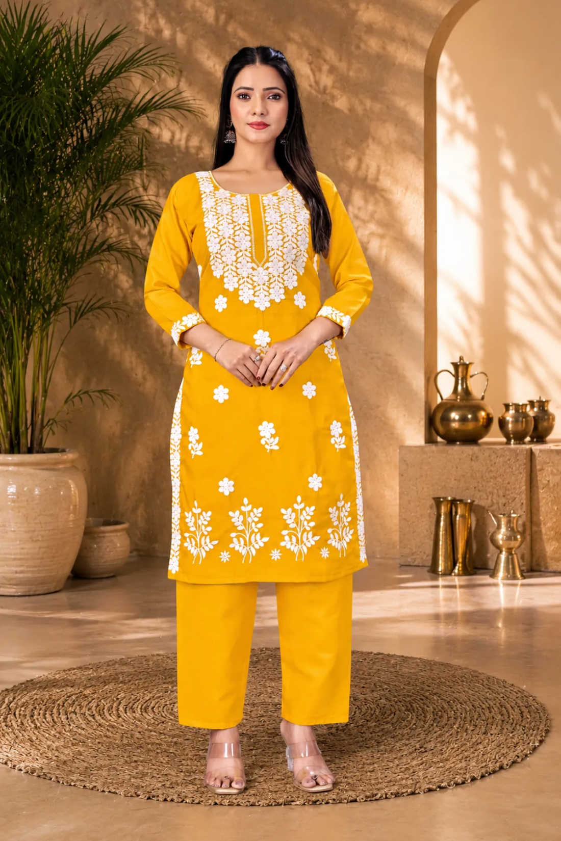 Premium Cotton Yellow Embroidered Kurta Set for Women