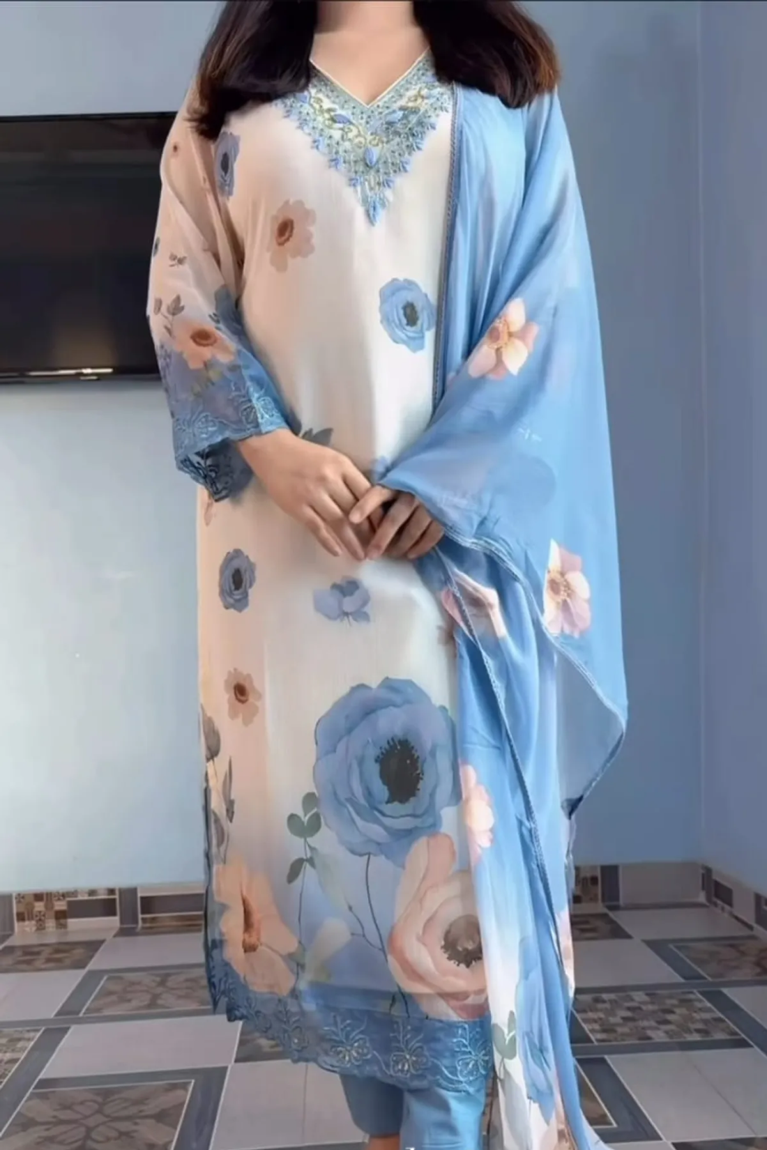 Sharda Ethnic Flora Azure – Premium Soft Chiffon Floral Suit Set With Handwork Embroidered Neck