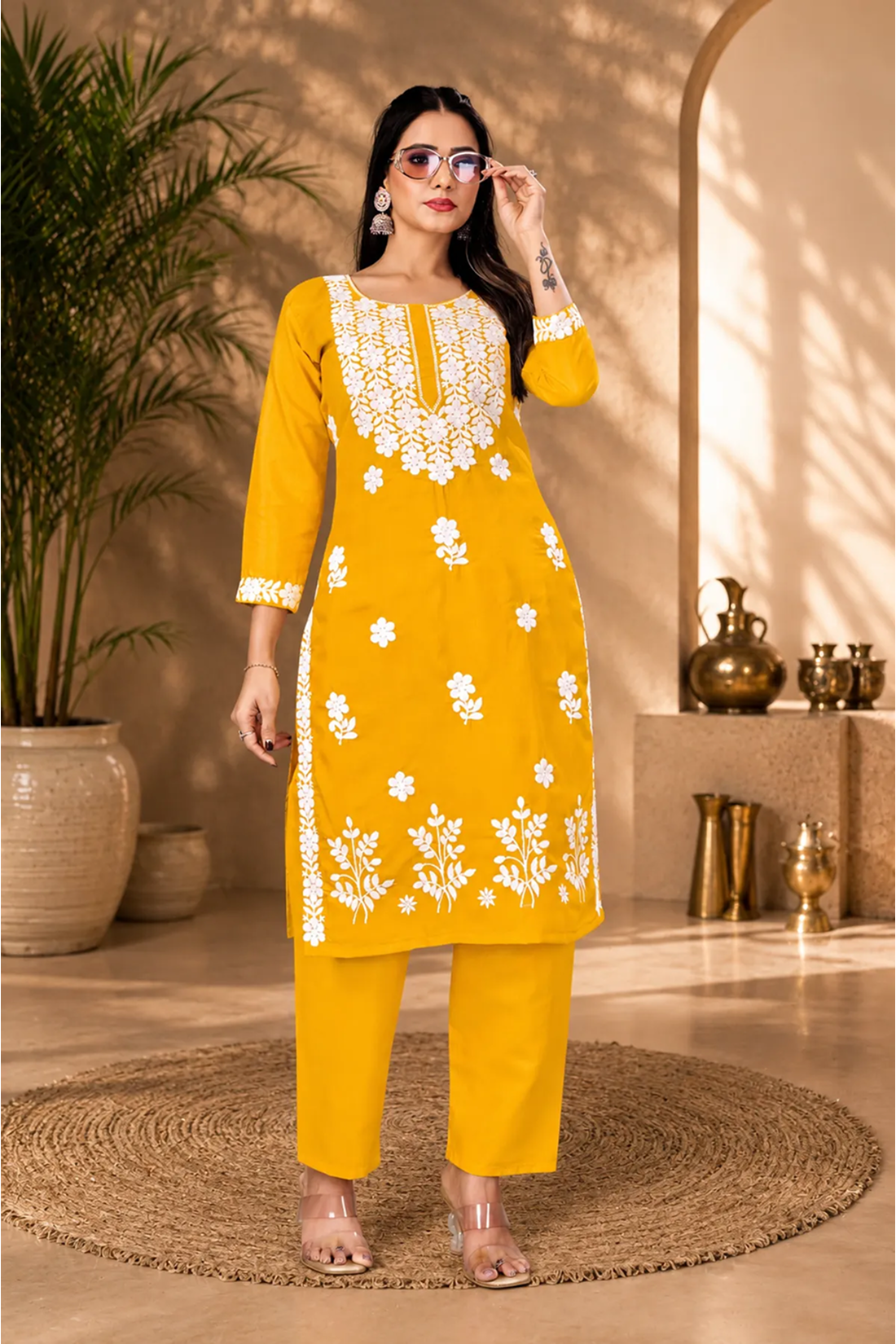 Premium Cotton Yellow Embroidered Kurta Set for Women