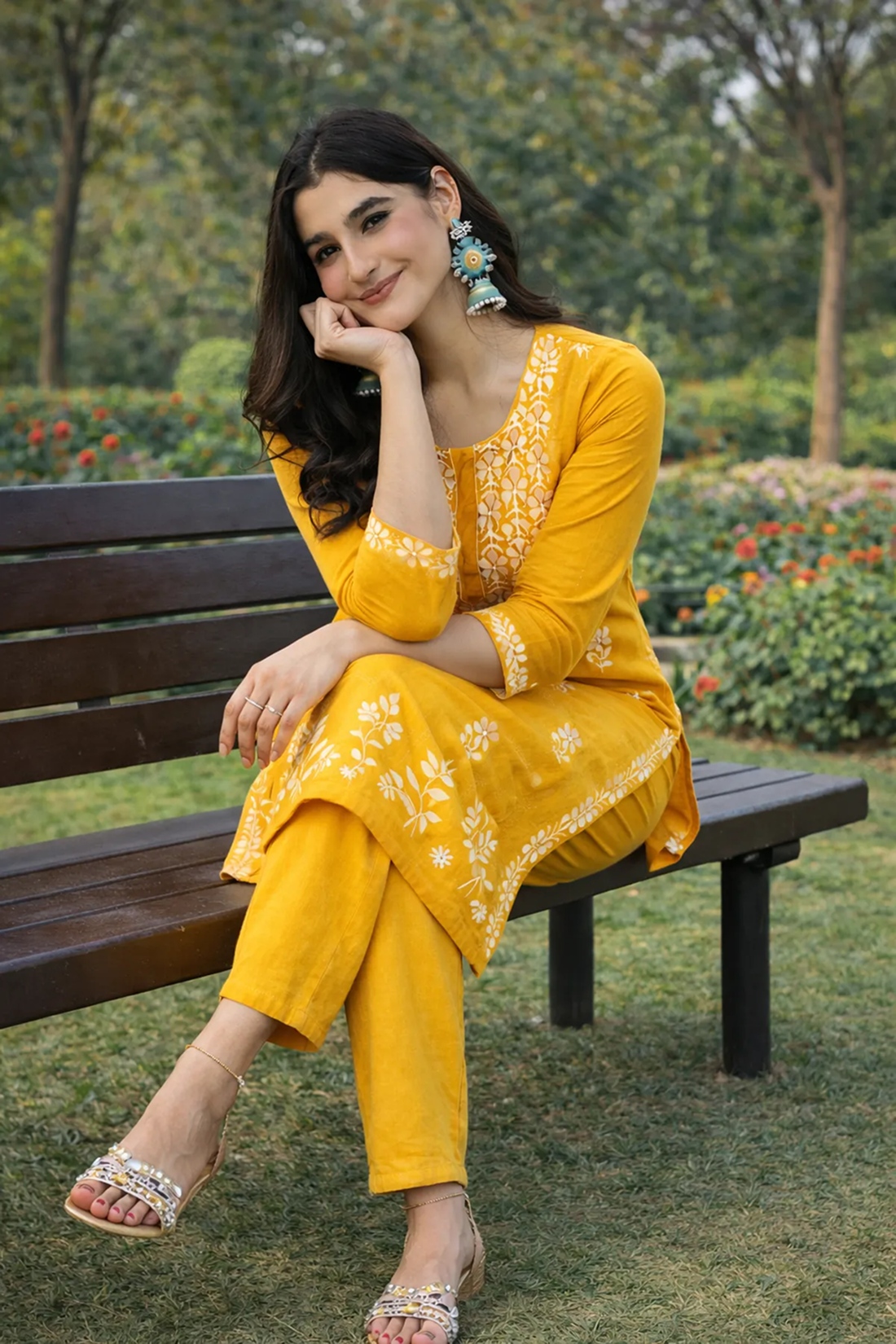 Premium Cotton Yellow Embroidered Kurta Set for Women