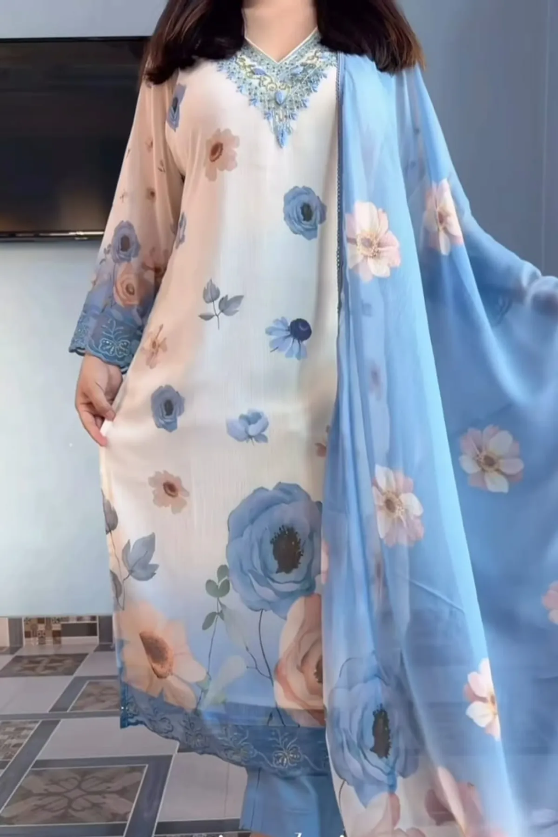 Sharda Ethnic Flora Azure – Premium Soft Chiffon Floral Suit Set With Handwork Embroidered Neck