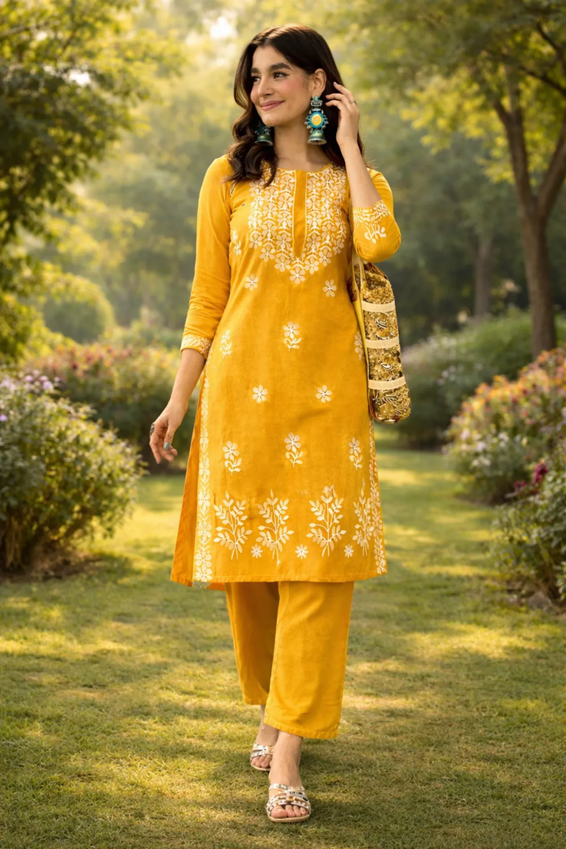 Premium Cotton Yellow Embroidered Kurta Set for Women