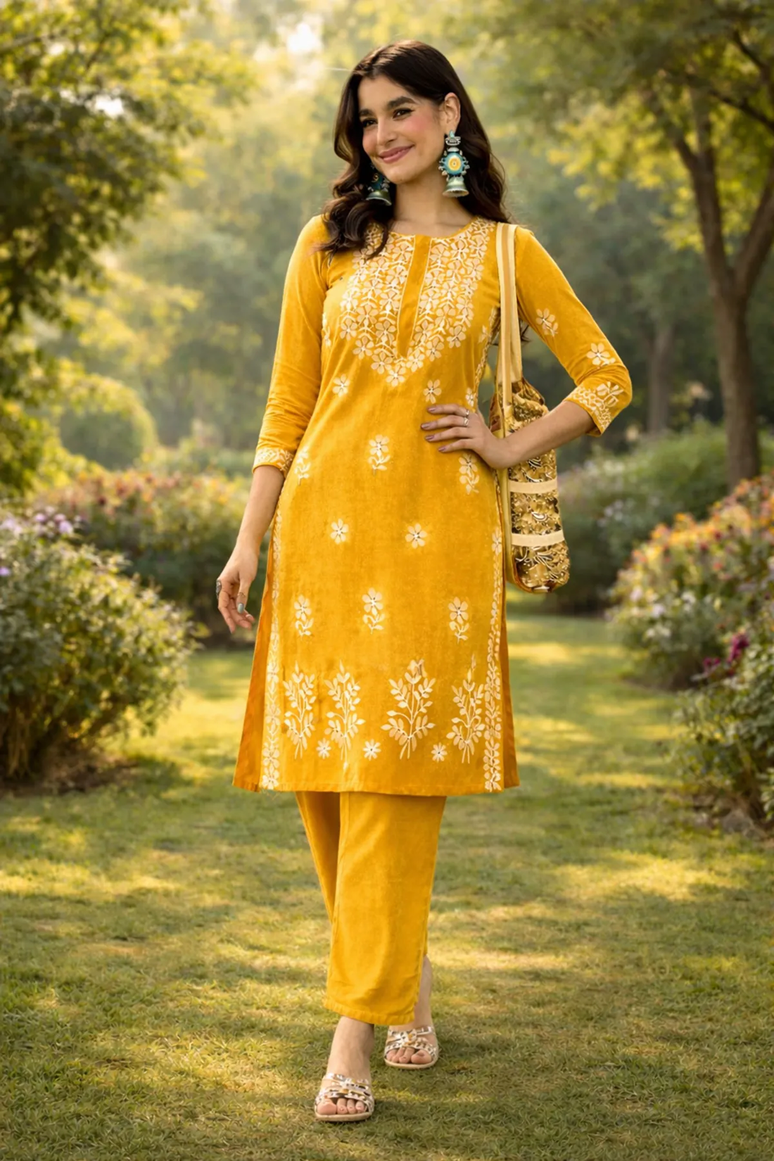 Premium Cotton Yellow Embroidered Kurta Set for Women
