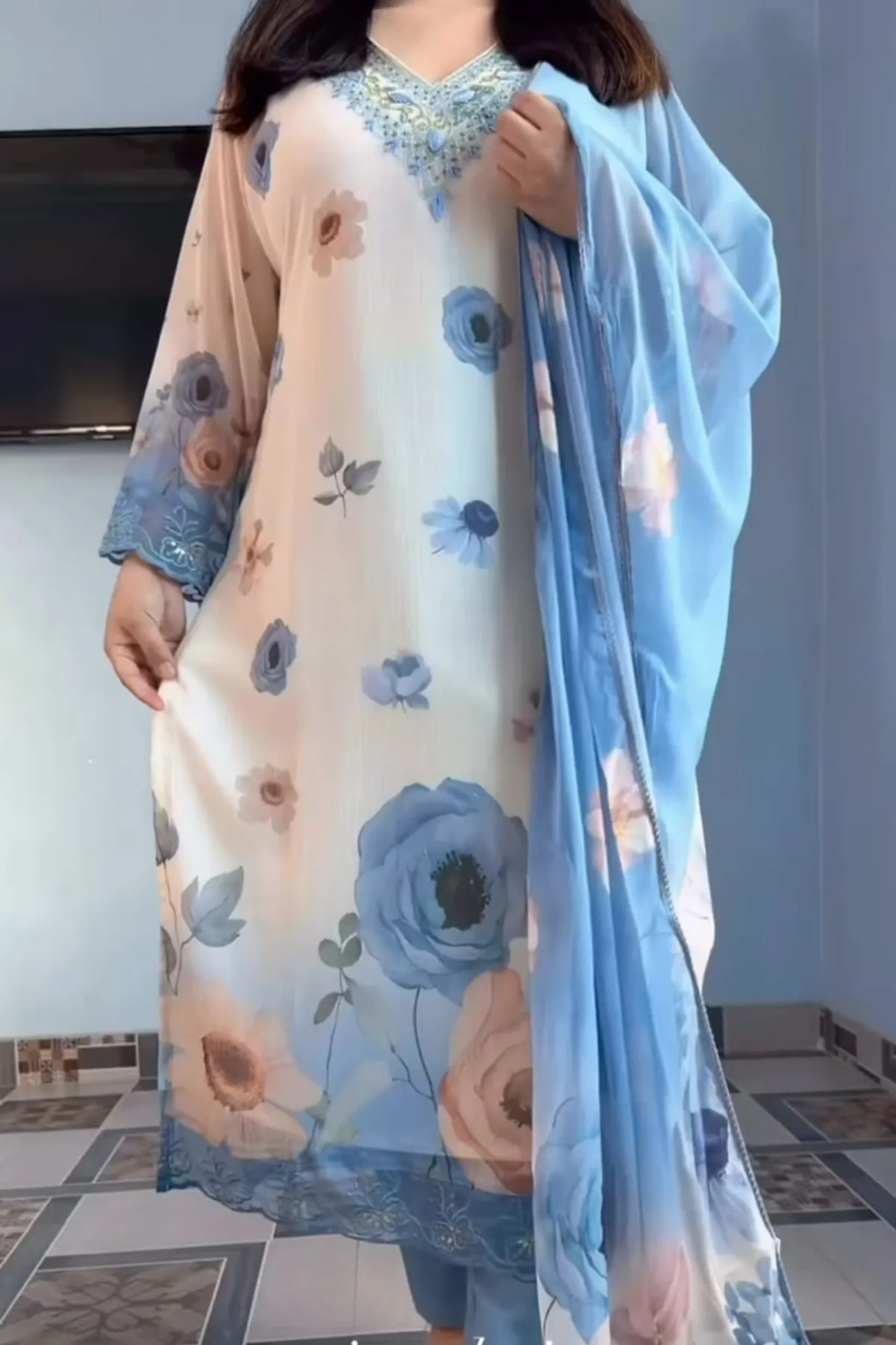 Sharda Ethnic Flora Azure – Premium Soft Chiffon Floral Suit Set With Handwork Embroidered Neck