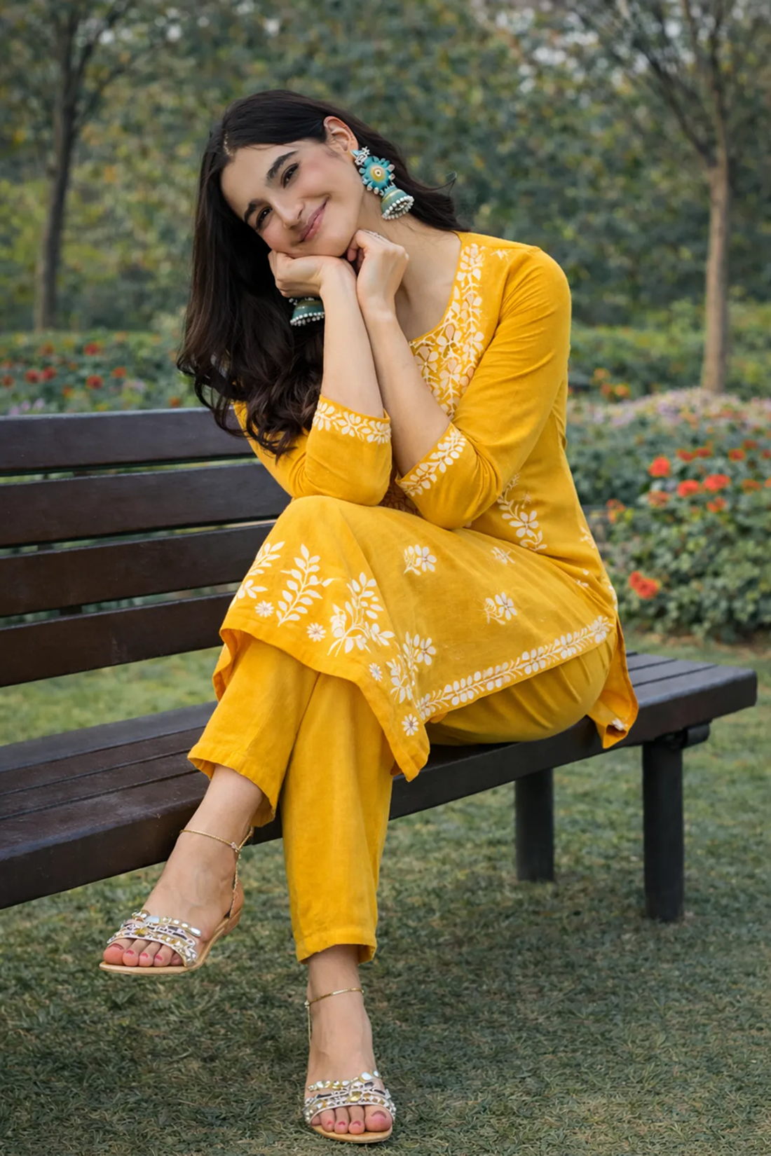 Premium Cotton Yellow Embroidered Kurta Set for Women