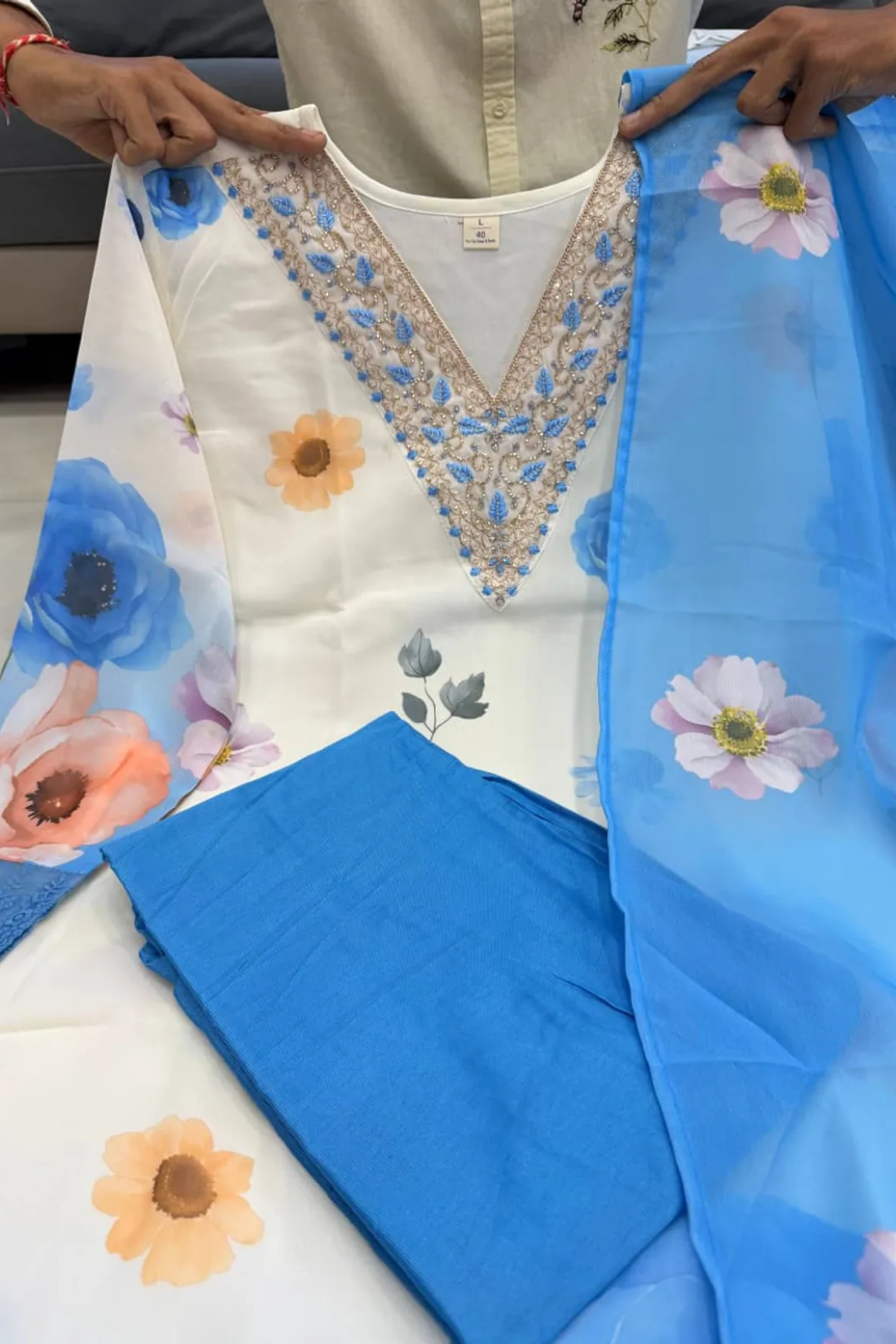 Sharda Ethnic Flora Azure – Premium Soft Chiffon Floral Suit Set With Handwork Embroidered Neck