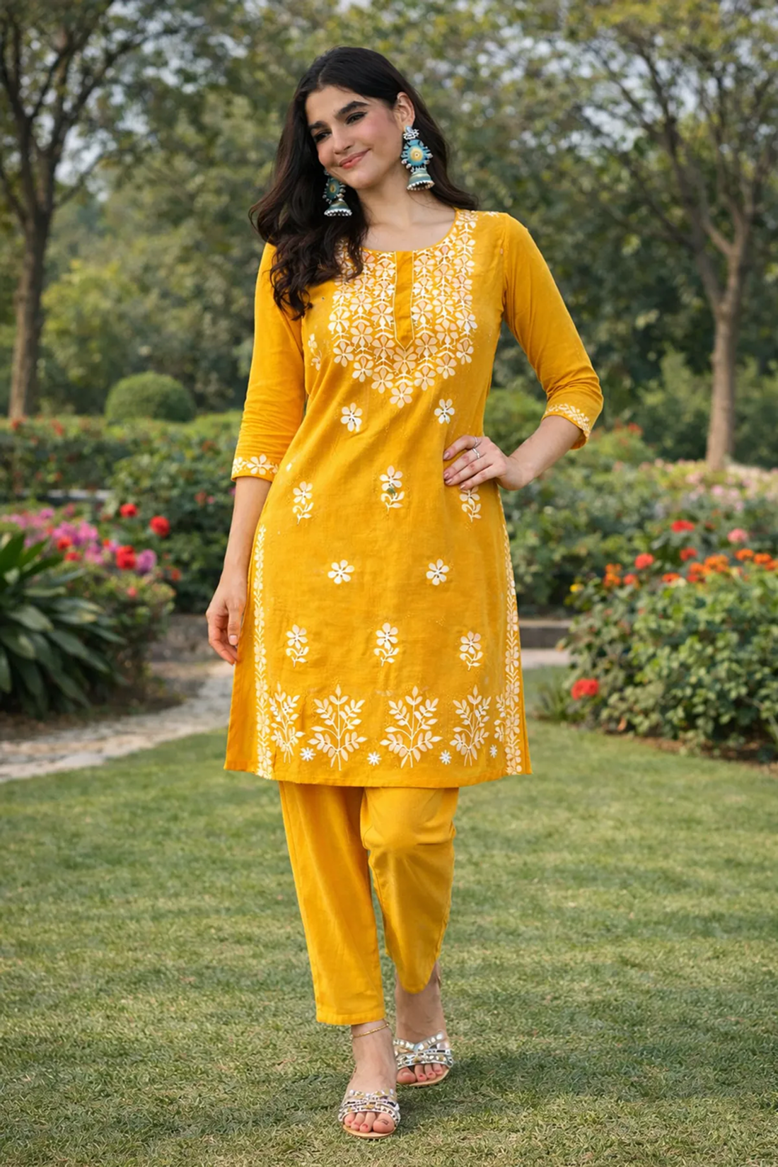 Premium Cotton Yellow Embroidered Kurta Set for Women