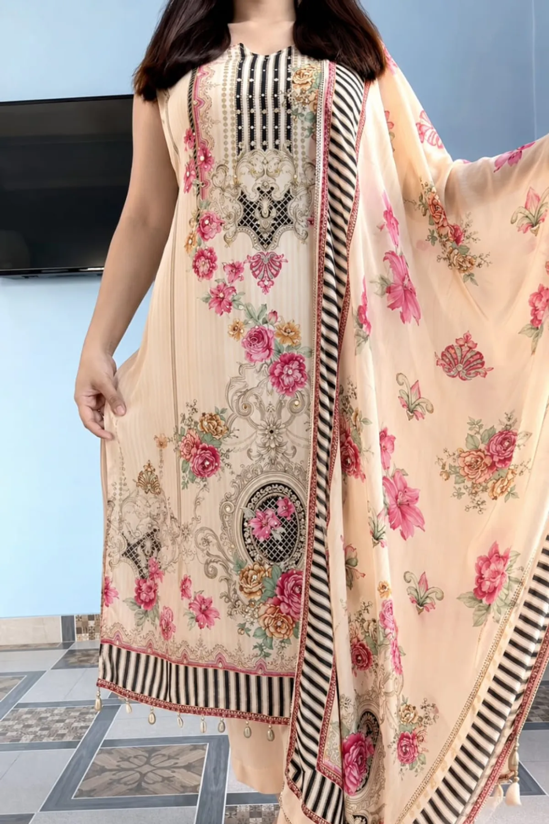 Sharda Ethnic Rani Pure Crape Silk Designer Kurta Pant Dupatta Set with Original Mirror Work | Premium Ethnic Wear for Women