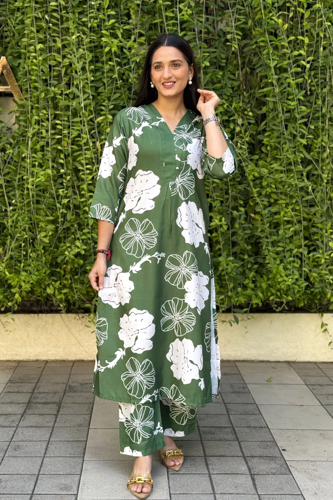 Green Premium Long Kurti Pant Co-ord Set For Women