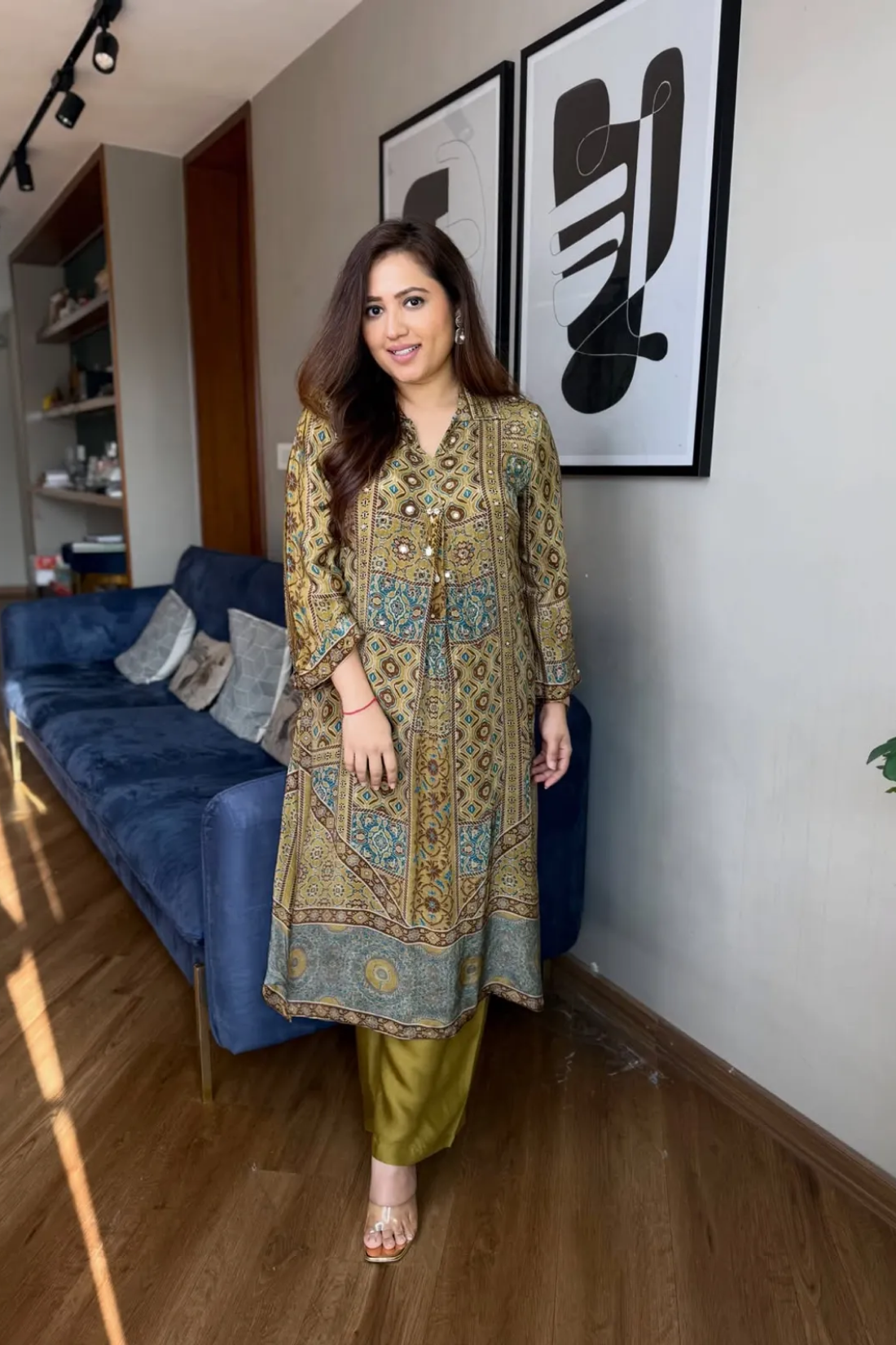 Women's Pure Natural Crape Ajrakh Print Co-Ord Set with Original Mirror Work | Designer Kurti & Maharaja Silky Palazzo | Freya