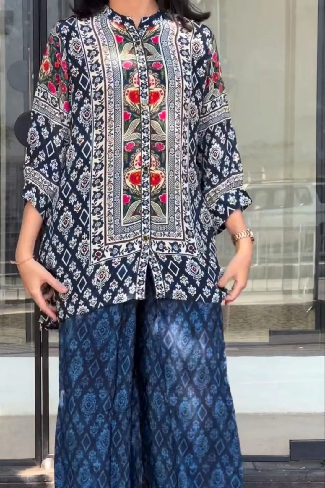 Women's Midnight Bloom Pure Natural Crepe Co-Ord Set | Designer Printed Top & Palazzo
