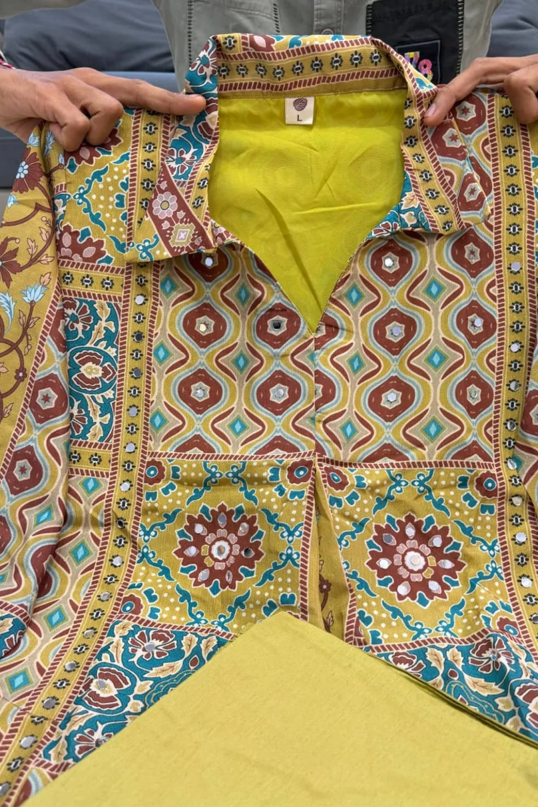 Women's Pure Natural Crape Ajrakh Print Co-Ord Set with Original Mirror Work | Designer Kurti & Maharaja Silky Palazzo | Freya
