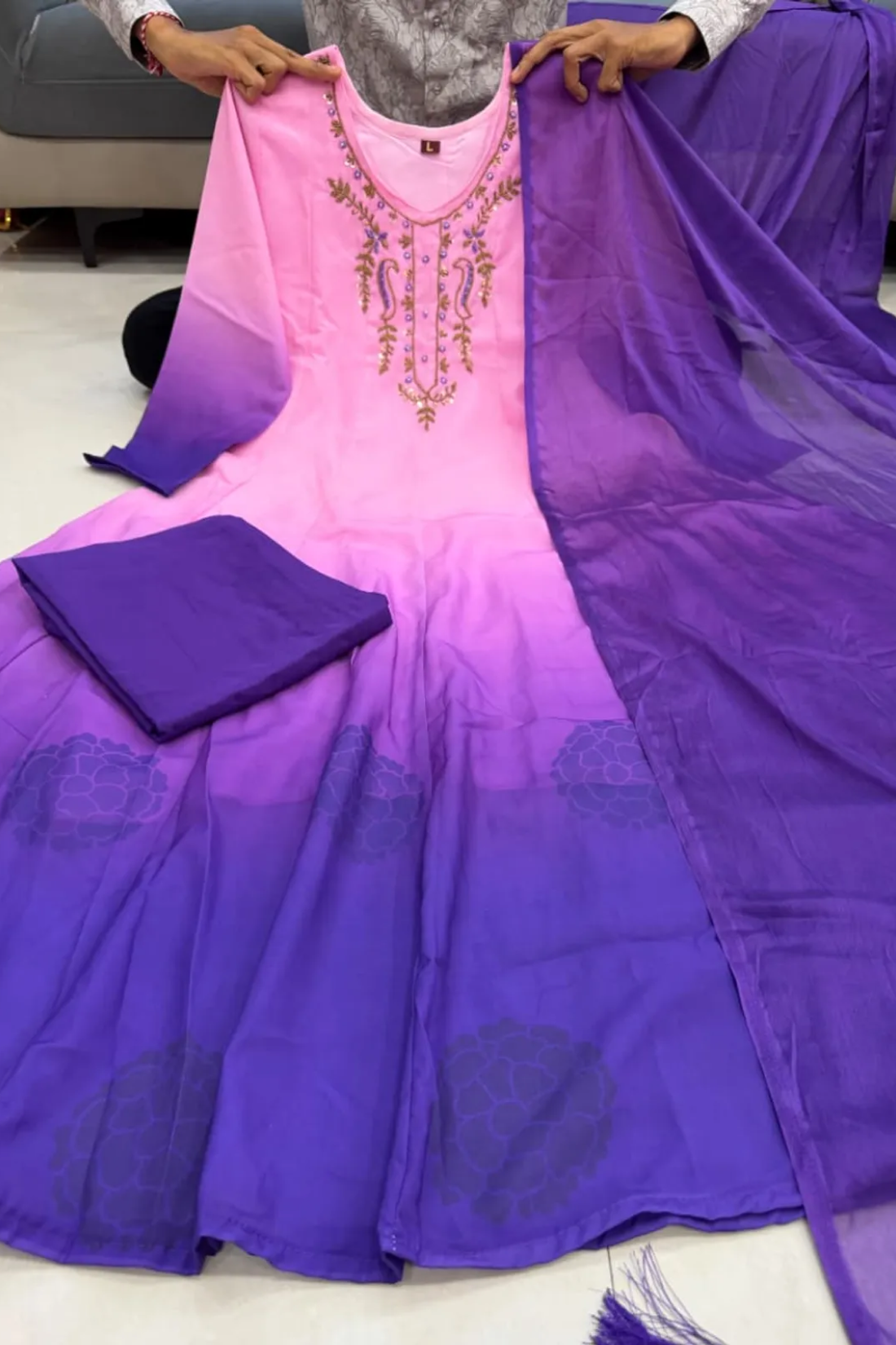 Pink Ombre Chiffon Anarkali Gown Suit Set with Hand Embroidery & Purple Dupatta | 3 Piece Festival Wear for Women