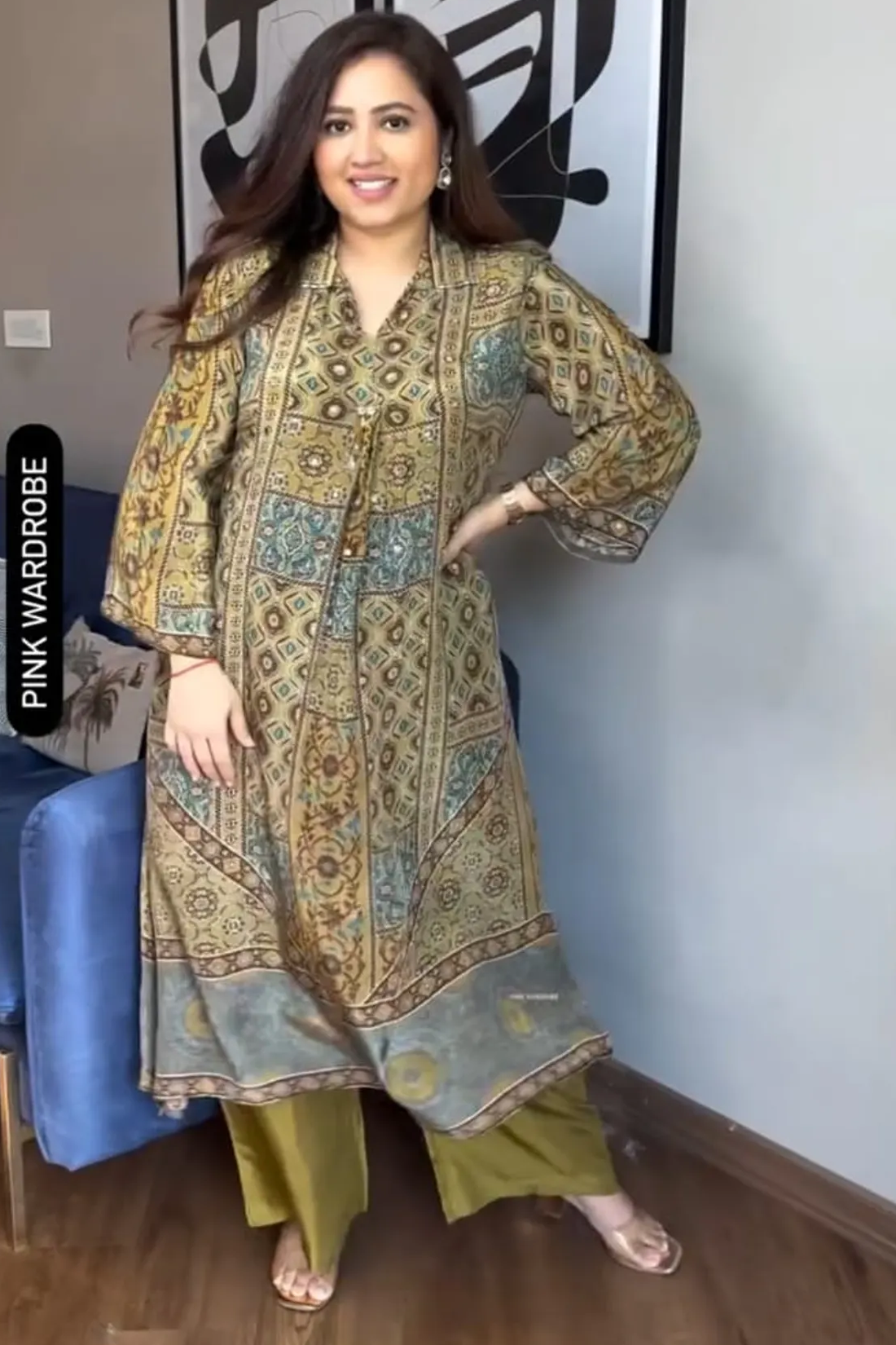 Women's Pure Natural Crape Ajrakh Print Co-Ord Set with Original Mirror Work | Designer Kurti & Maharaja Silky Palazzo | Freya