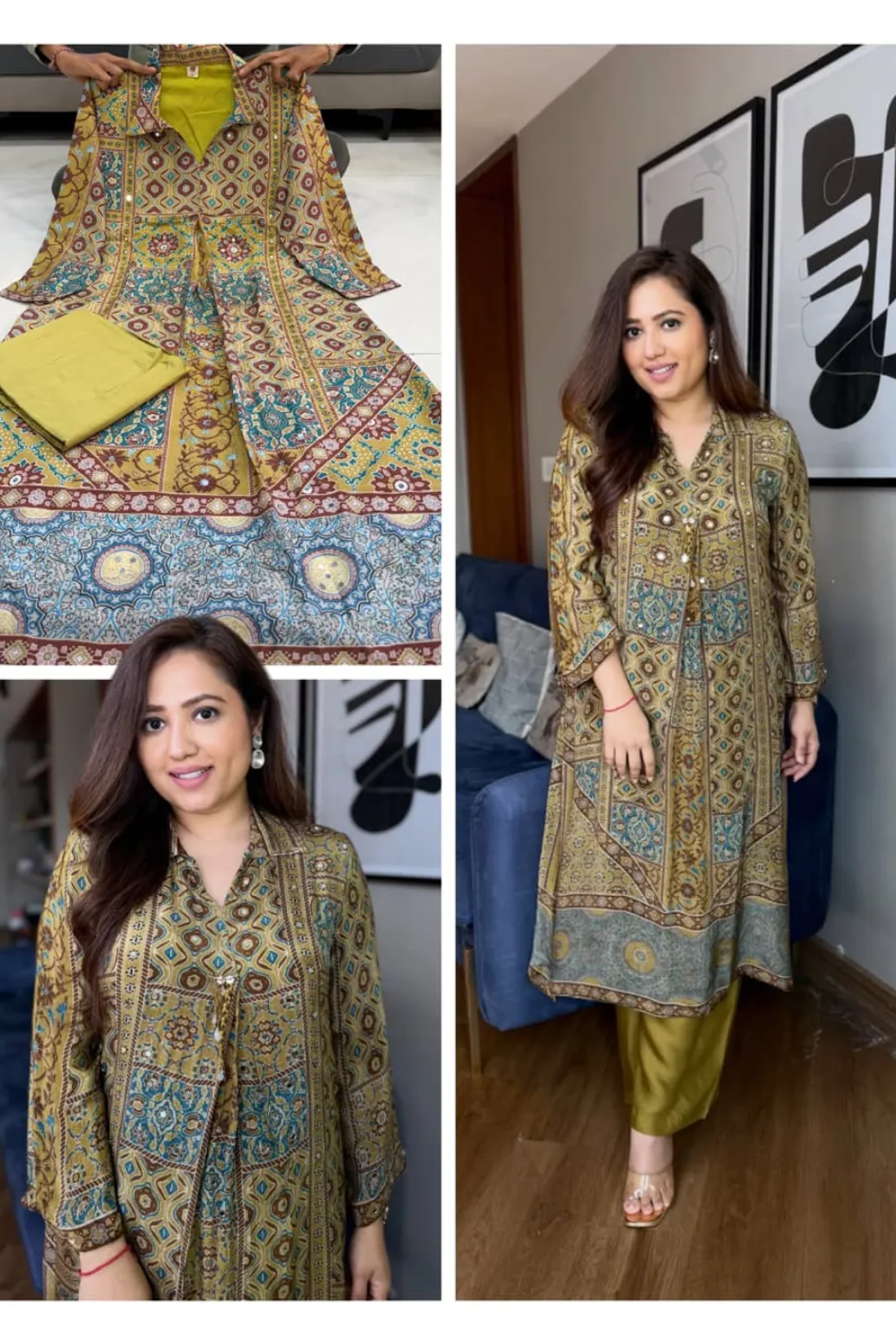 Women's Pure Natural Crape Ajrakh Print Co-Ord Set with Original Mirror Work | Designer Kurti & Maharaja Silky Palazzo | Freya