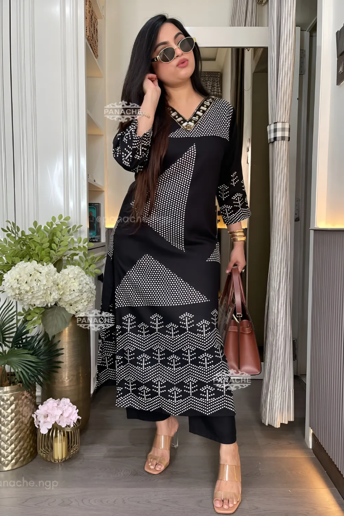Lime Black Premium Pure Cotton Slub Kurti Pant Set with Stylish Chevron Yoke