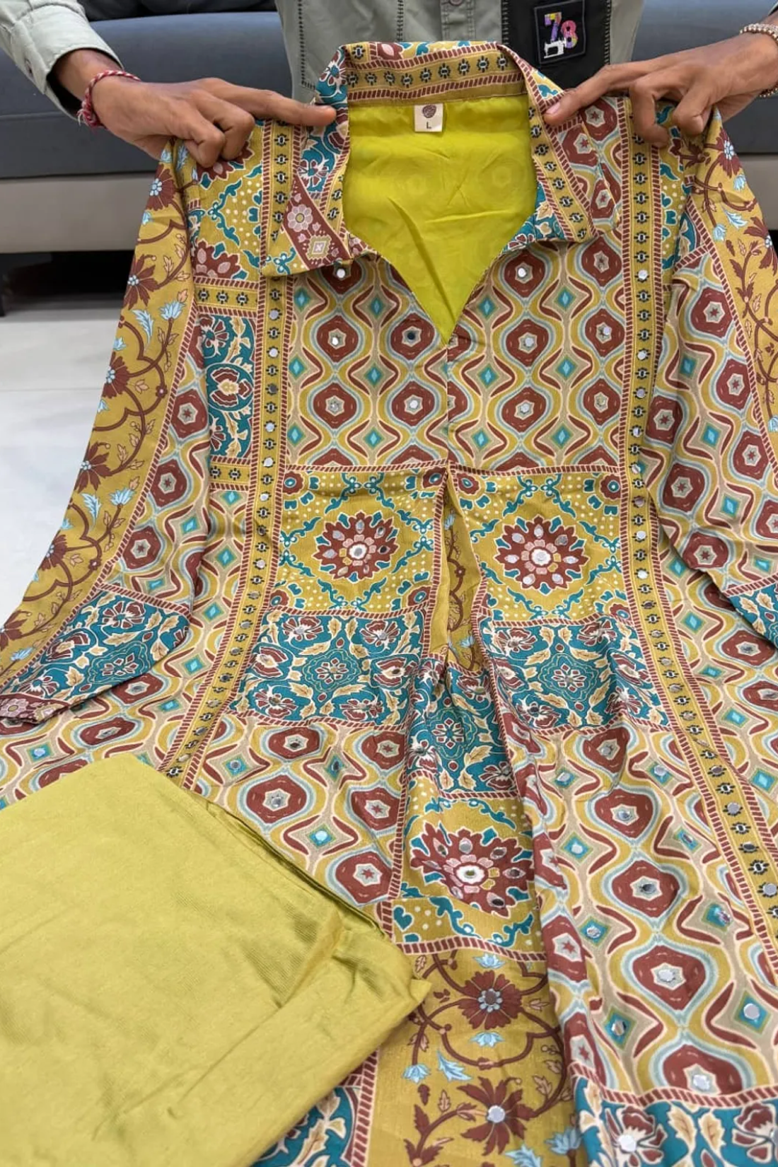 Women's Pure Natural Crape Ajrakh Print Co-Ord Set with Original Mirror Work | Designer Kurti & Maharaja Silky Palazzo | Freya