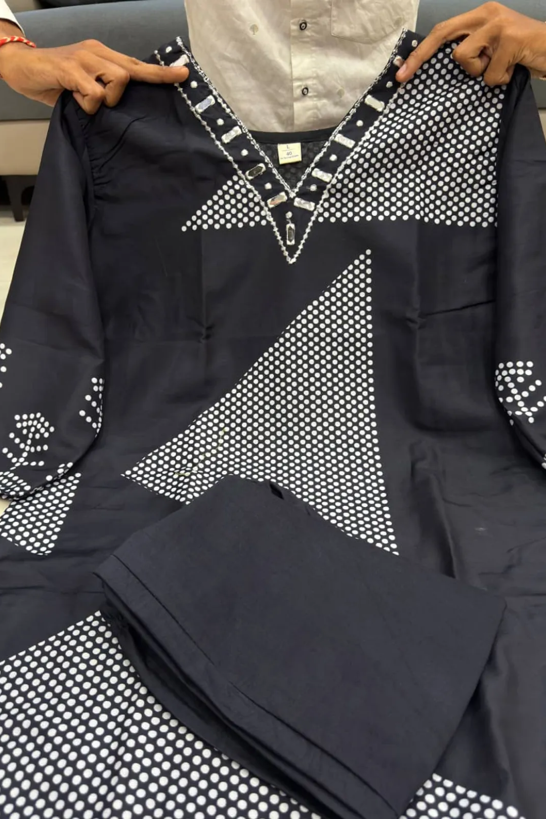 Lime Black Premium Pure Cotton Slub Kurti Pant Set with Stylish Chevron Yoke