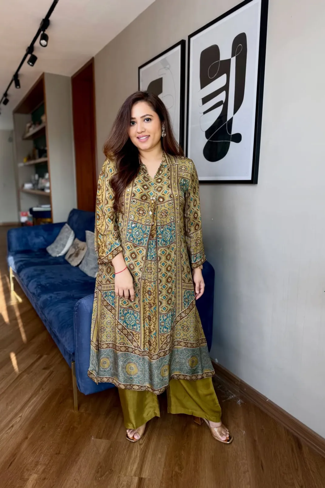 Women's Pure Natural Crape Ajrakh Print Co-Ord Set with Original Mirror Work | Designer Kurti & Maharaja Silky Palazzo | Freya