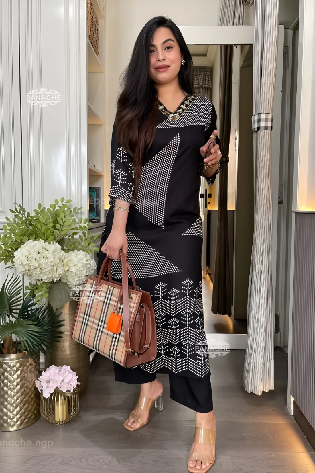 Lime Black Premium Pure Cotton Slub Kurti Pant Set with Stylish Chevron Yoke