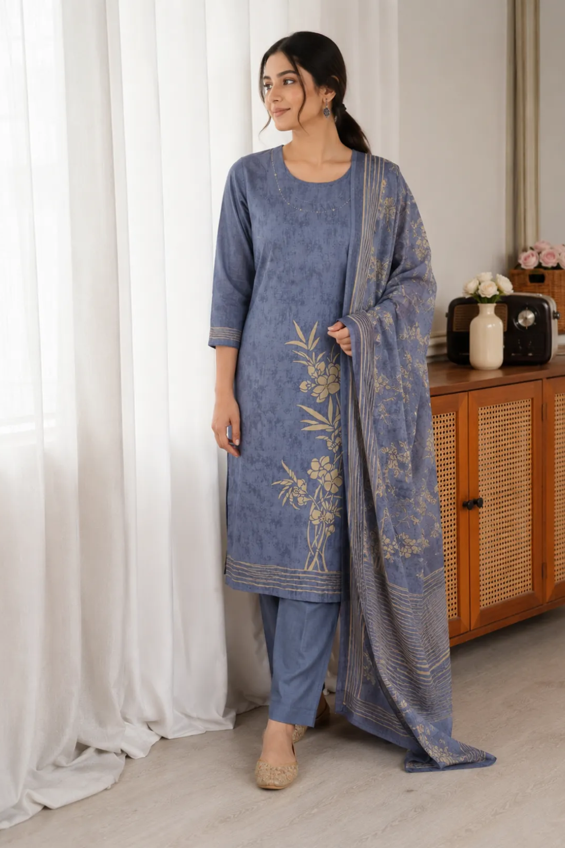 Premium Cotton 3 Piece Suit Set with Mul Cotton Dupatta | Floral Printed Kurta Pant Set for Women