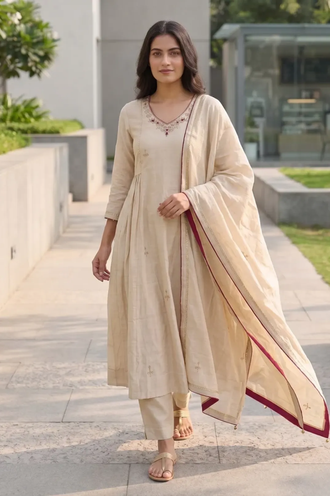 Almond Beige Pure Mul Chanderi Anarkali Suit Set With Handwork & Embroidery