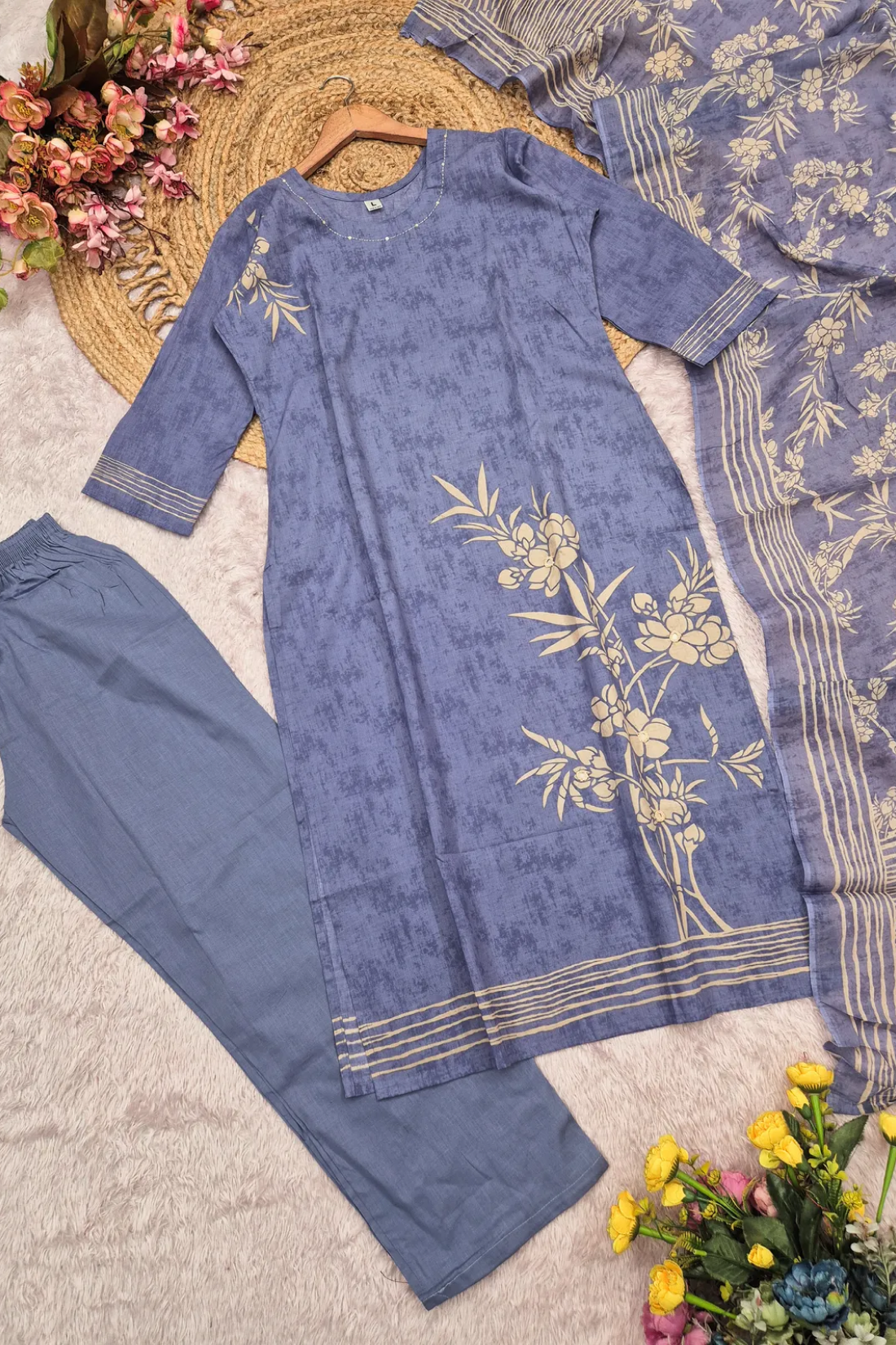 Premium Cotton 3 Piece Suit Set with Mul Cotton Dupatta | Floral Printed Kurta Pant Set for Women