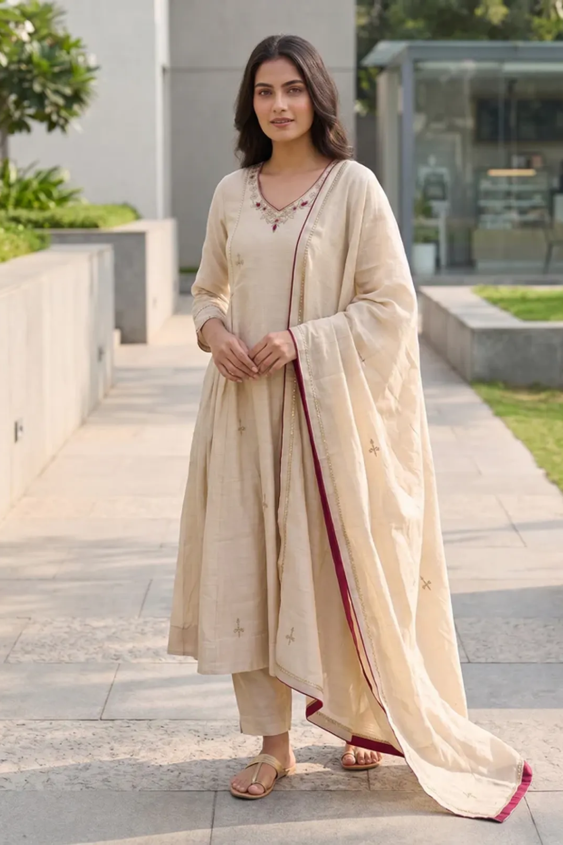 Almond Beige Pure Mul Chanderi Anarkali Suit Set With Handwork & Embroidery