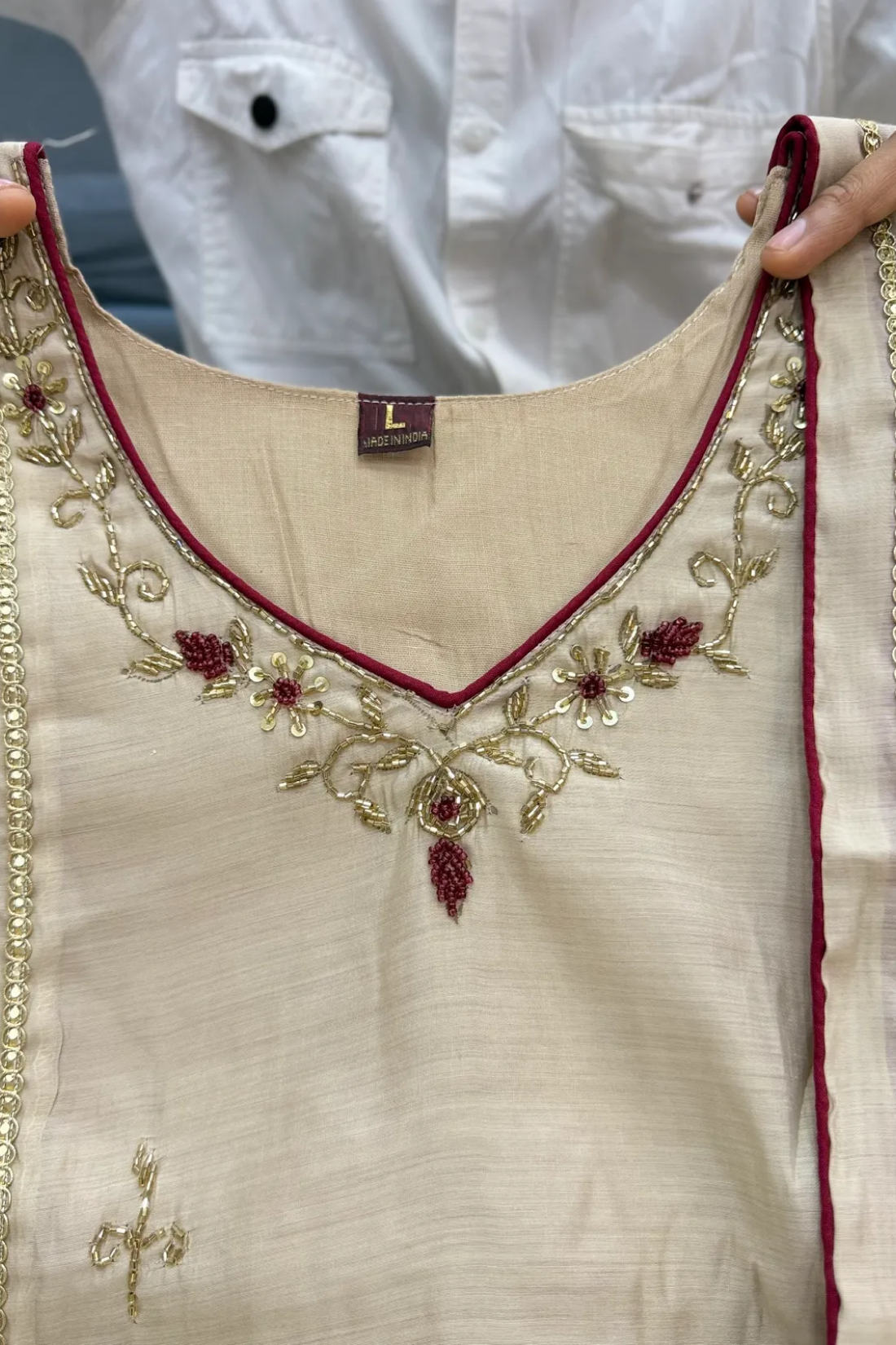 Almond Beige Pure Mul Chanderi Anarkali Suit Set With Handwork & Embroidery