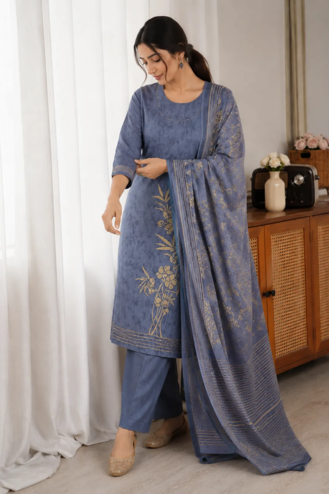 Premium Cotton 3 Piece Suit Set with Mul Cotton Dupatta | Floral Printed Kurta Pant Set for Women