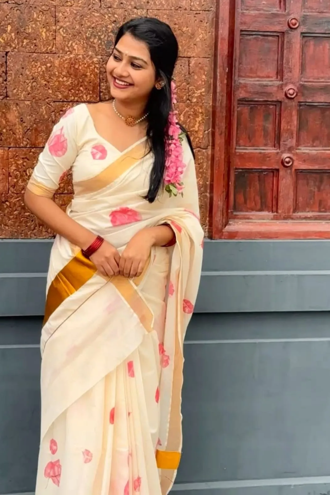 Elegant Chiku Linen Kerala Saree With Digital Floral Print & Gold Jari Border