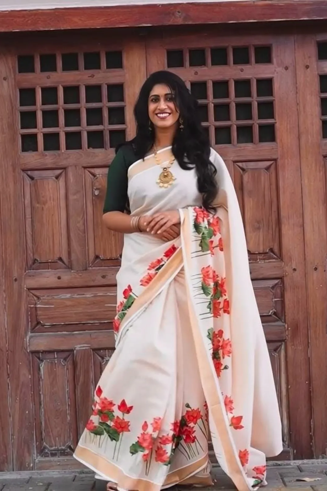 Elegant Chiku Linen Kerala Saree With Digital Floral Print & Gold Jari Border