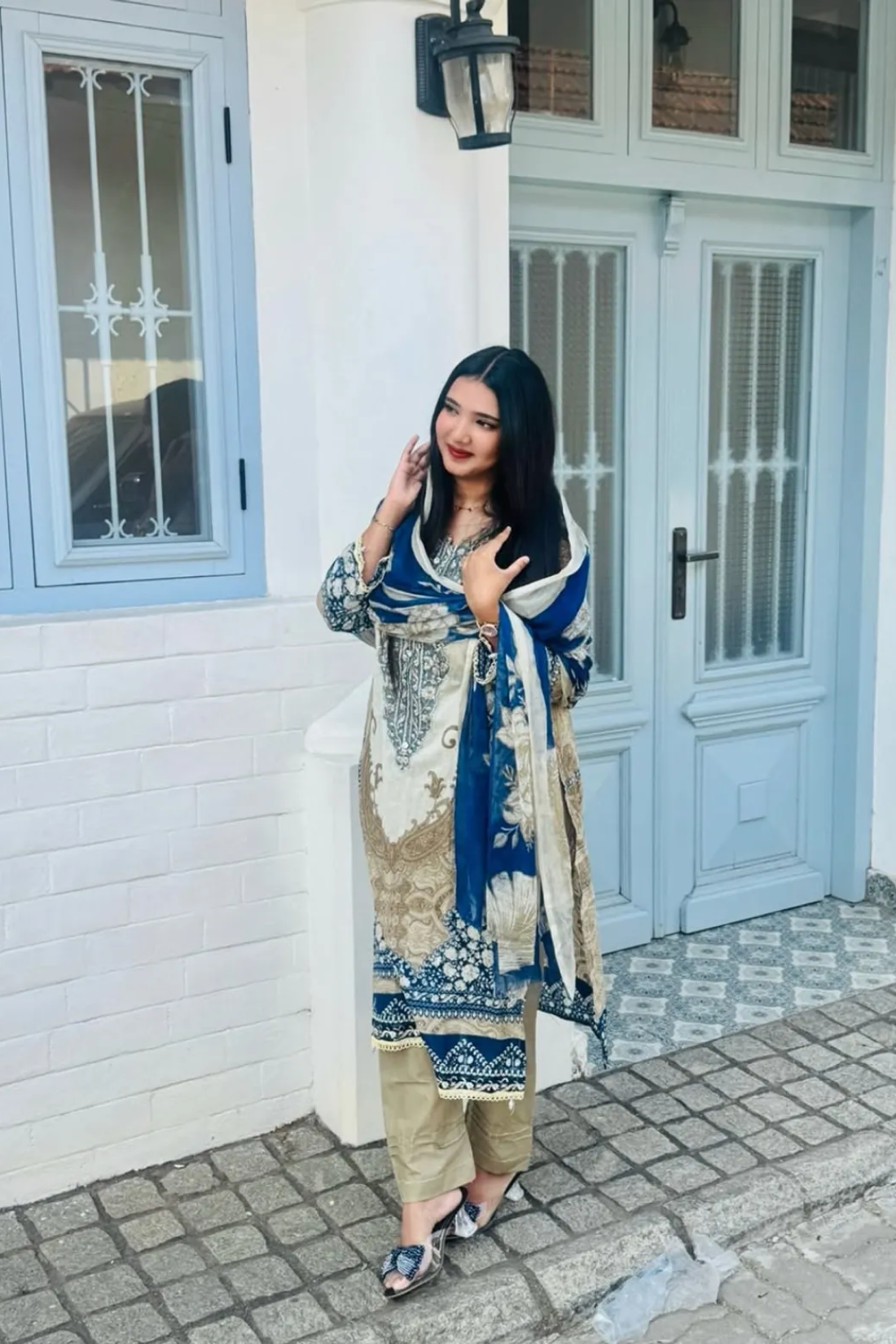 Royal Blue & Ivory Berry Silk Suit Set With Mirror Work & Printed Dupatta