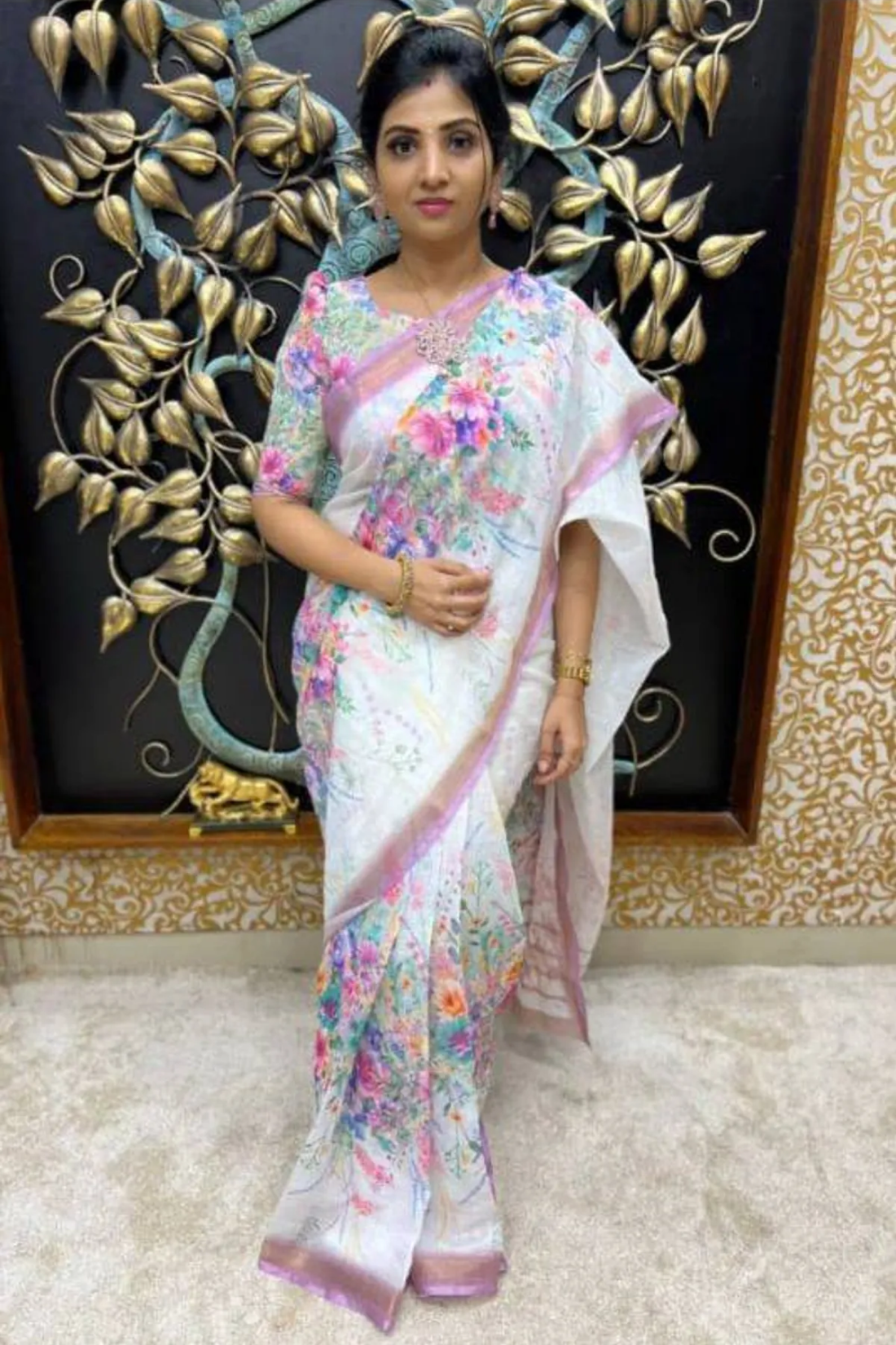 White Linen Saree with Floral Digital Print & Gold Jari Border