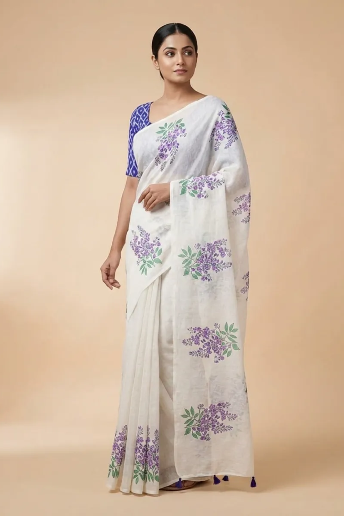 Cream With Blue Linen Digital Saree For Women