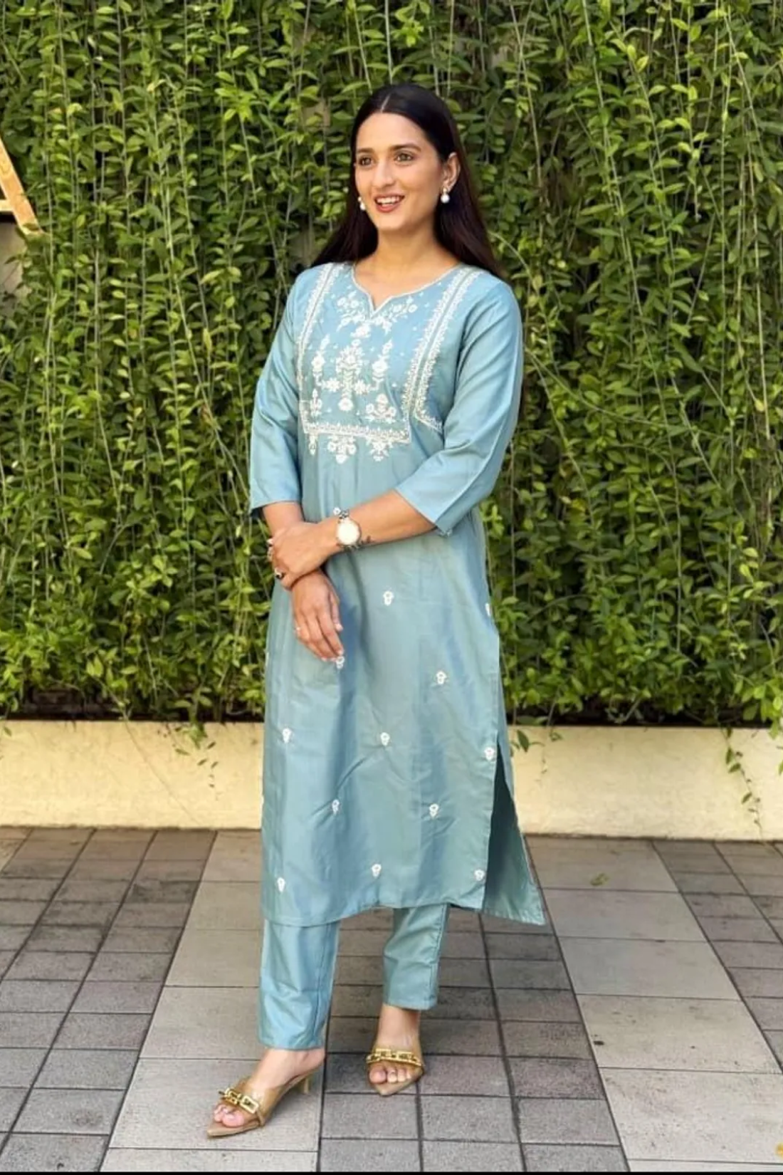 Sky Blue Poly Rayon Premium Kurta Set For Women