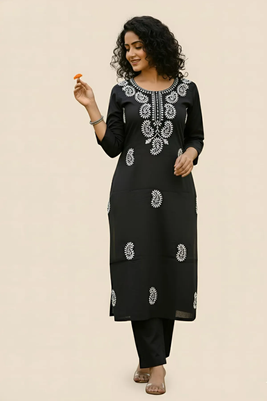 Black Tesla Slub Embroidered Kurti Pant Set with White Thread Work