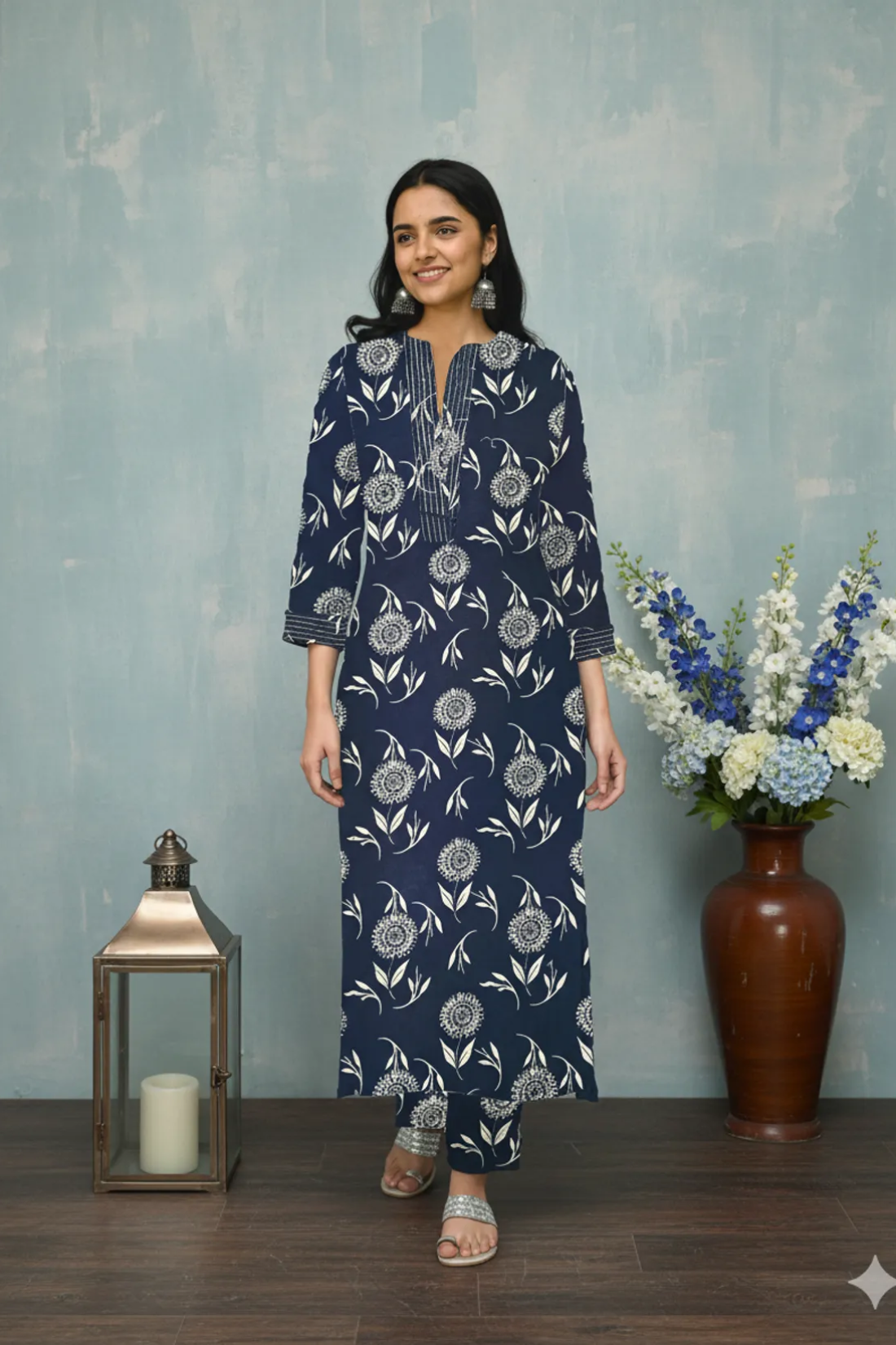 Navy Blue Poly Rayon Premium Kurta And Pant Set For Women