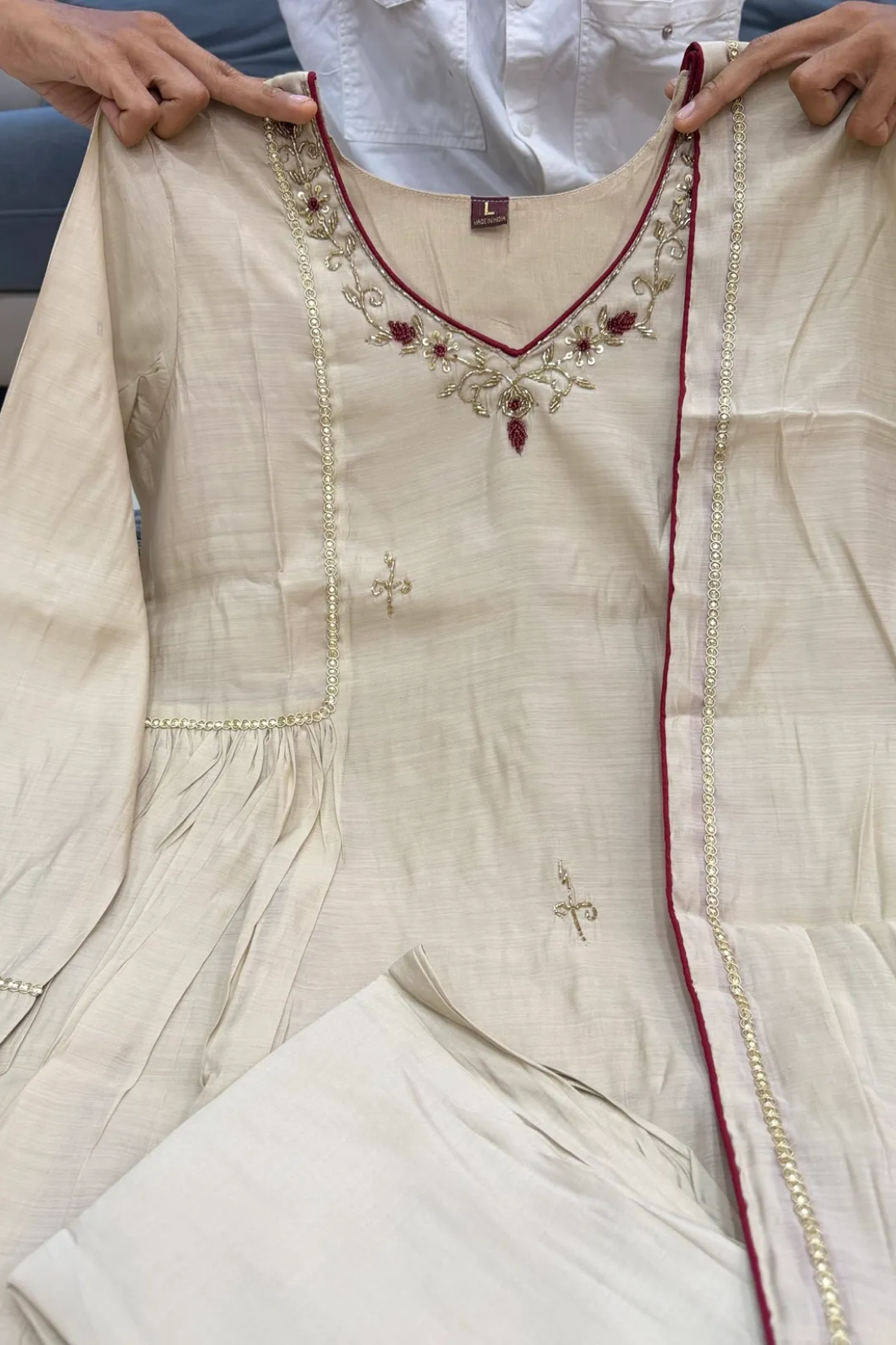 Almond Beige Pure Mul Chanderi Anarkali Suit Set With Handwork & Embroidery