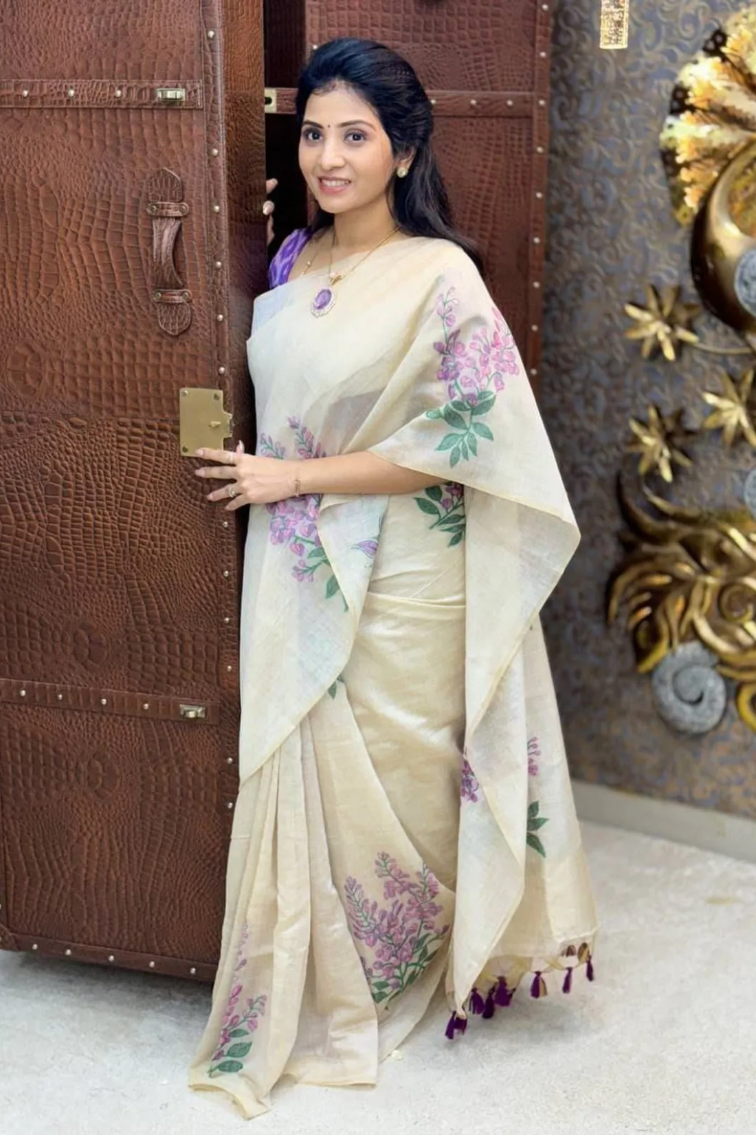 Cream With Blue Linen Digital Saree For Women