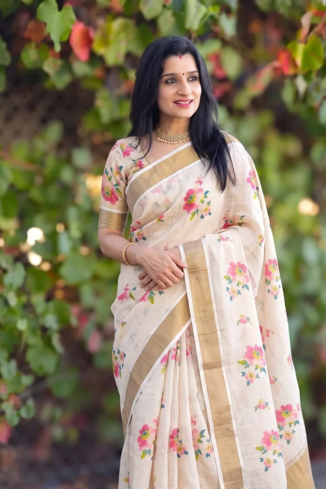 Elegant Chiku Linen Kerala Saree With Digital Floral Print & Gold Jari Border